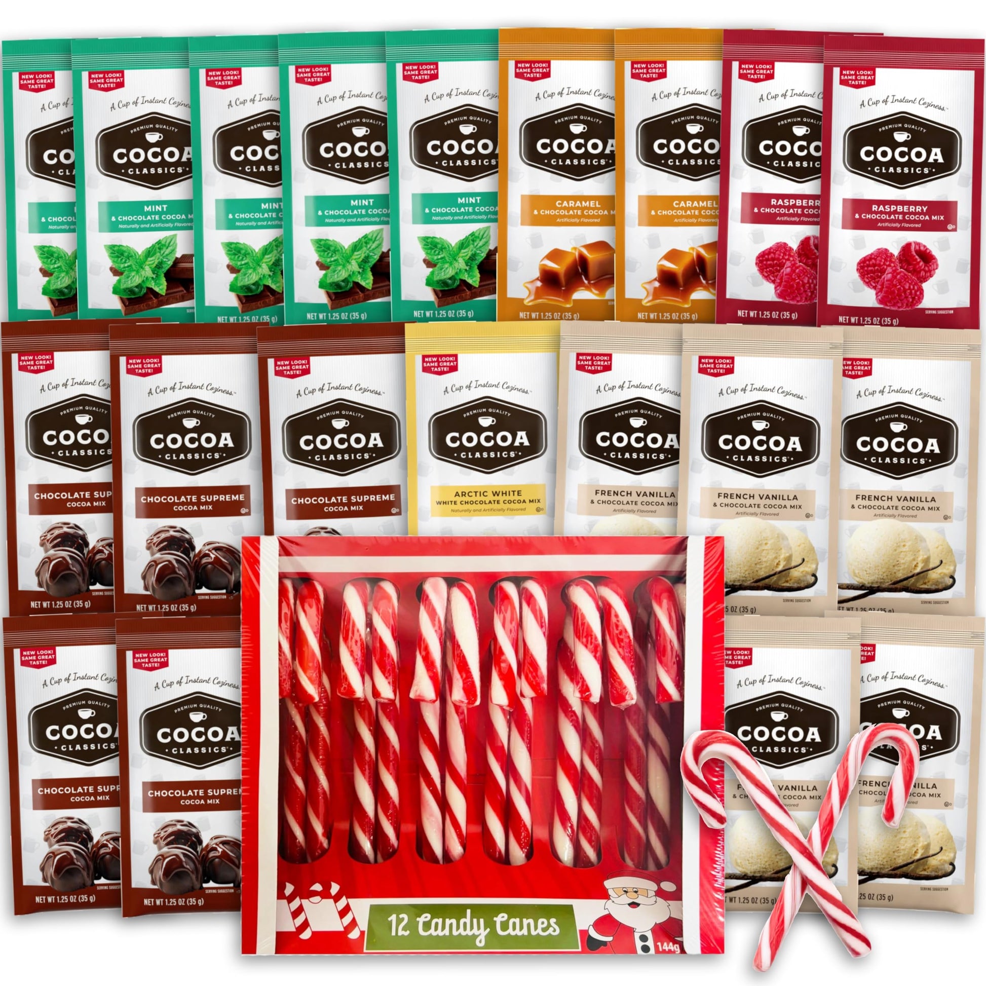 Hot Cocoa & Candy Cane Gift Set - 20 Top-Grade Hot Chocolate Packets (6 Flavors) +12 Classic Candy Cane | 32 Count Holiday Treat Box  Energy-Boosting Gift For Kids & 18+ Uses