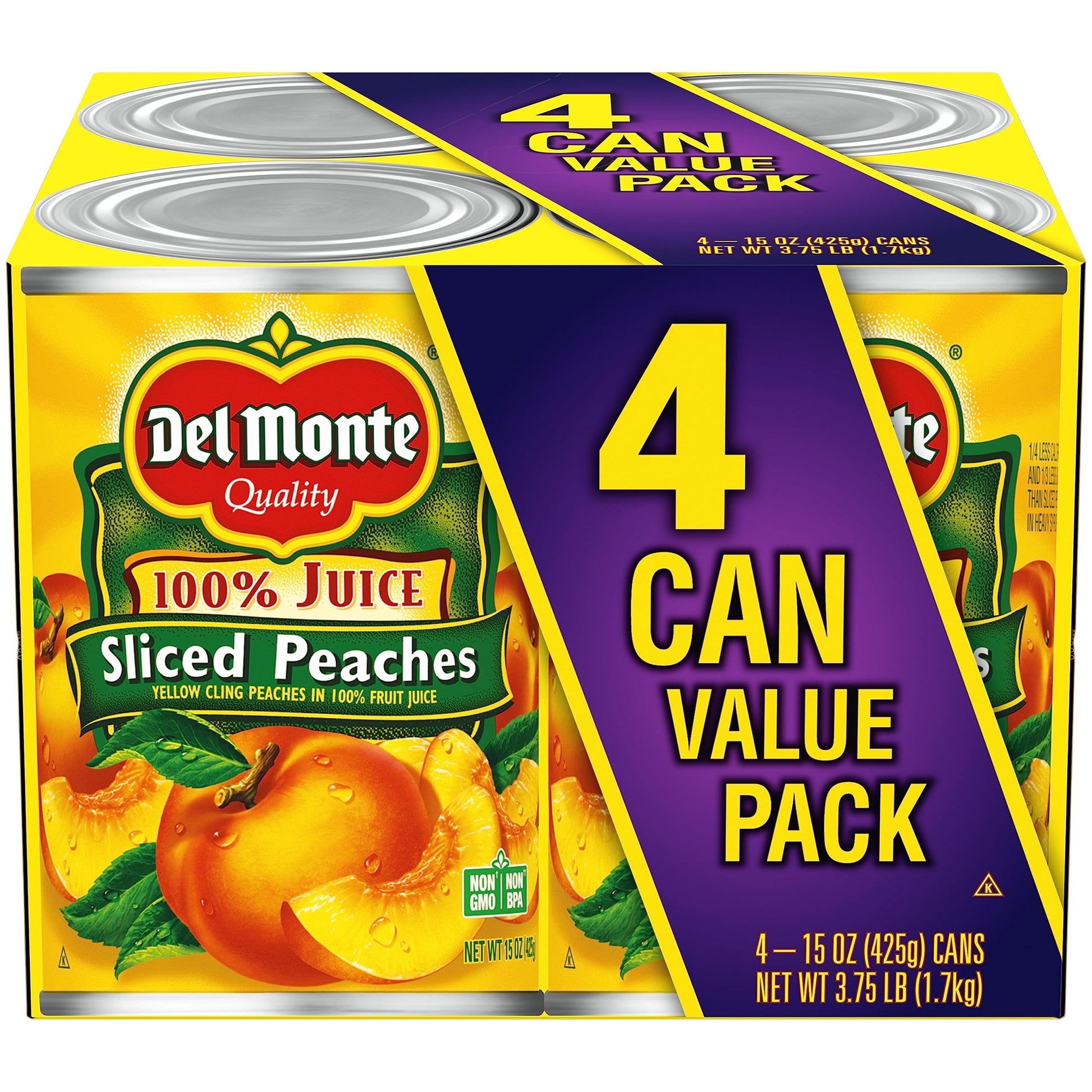 Del Monte Canned Peaches in 100% Juice, 15 oz Cans, Pack of 4, Yellow