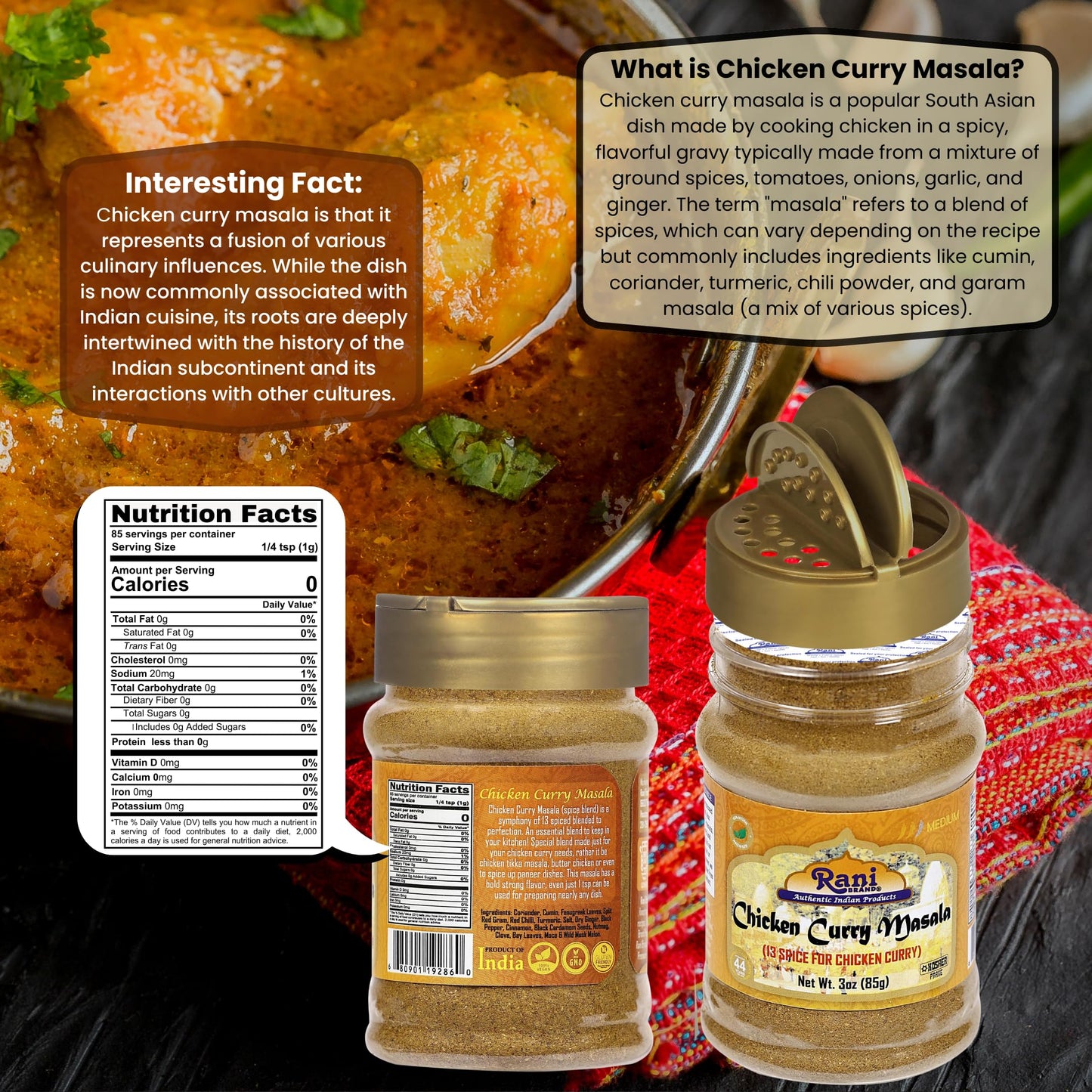 Rani Chicken Curry Masala 13-Spice Blend, All Natural, Vegan, 3oz (85g) PET Jar