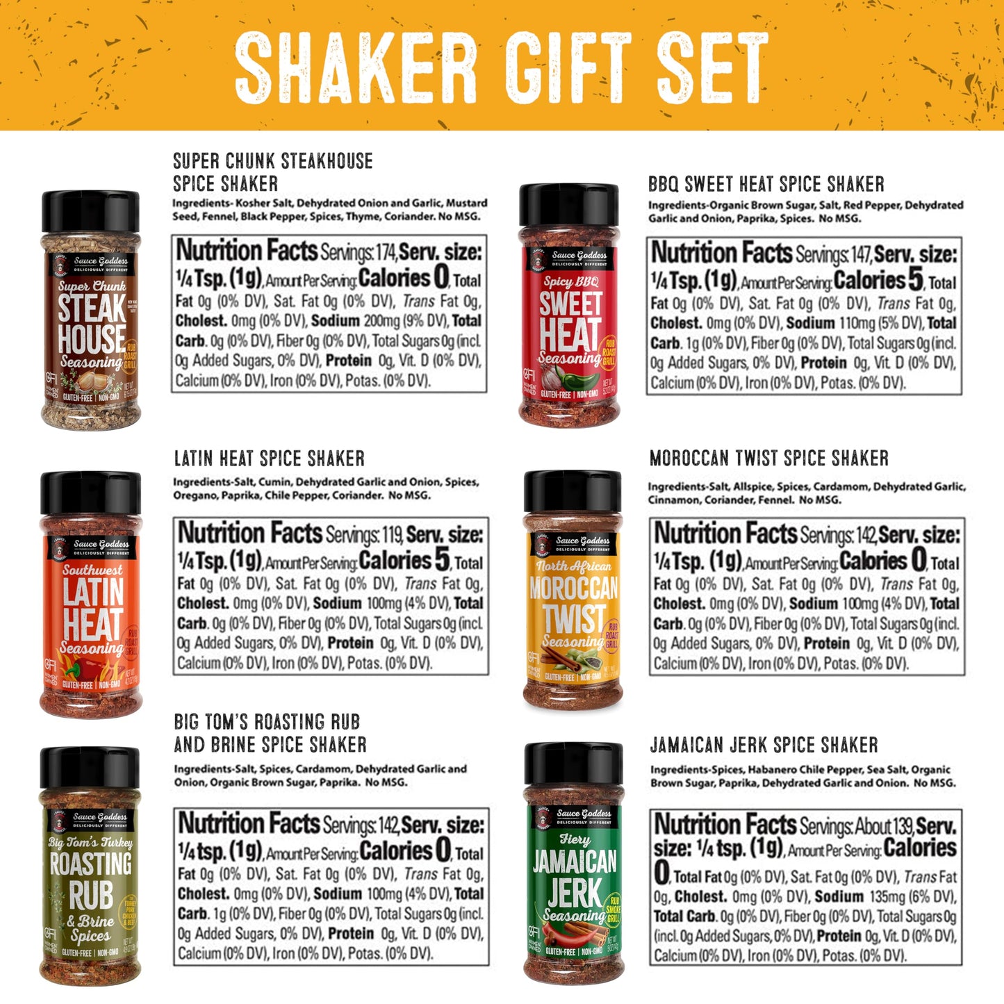Sauce Goddess Spice 6 Pack Sampler - Seasonings And Spices For Cooking Gift Set. No Additives, Non Gmo & No Flavorings. Certifie