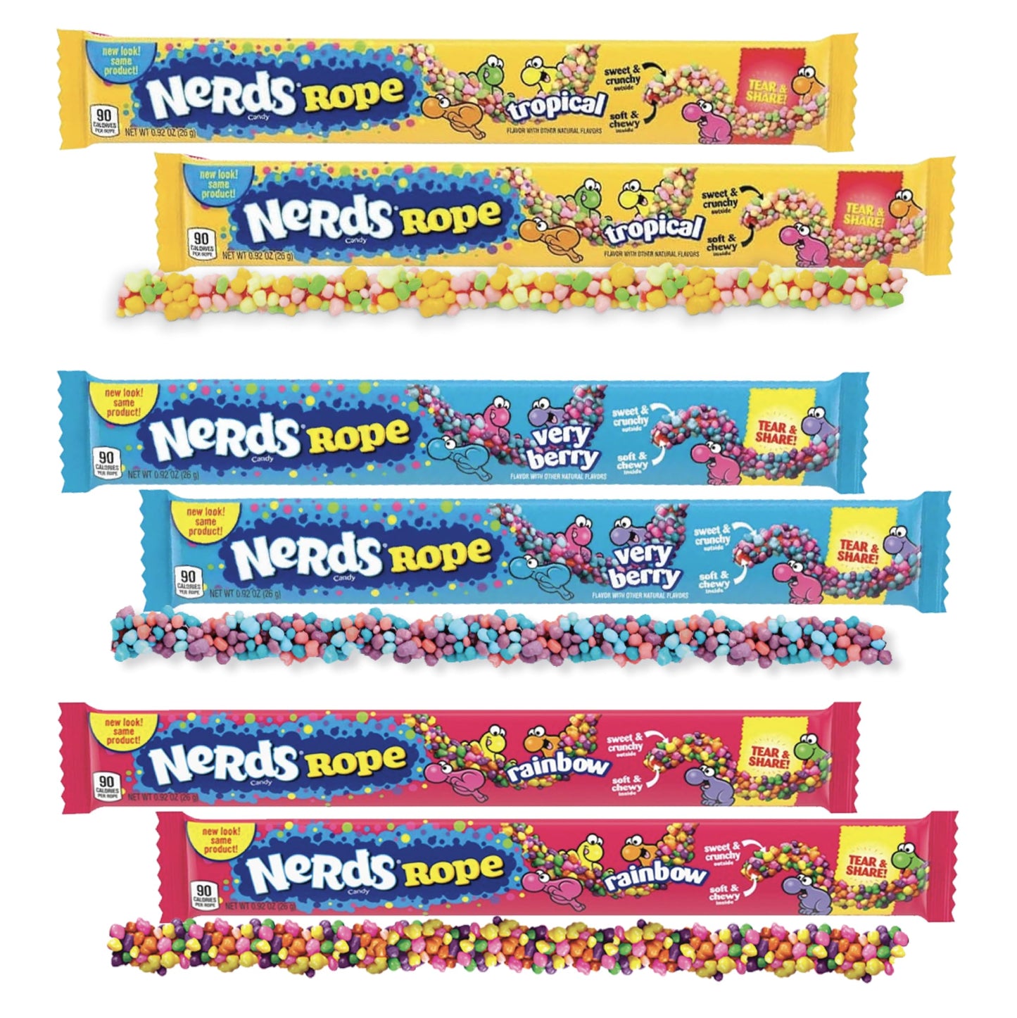 Nerds Ropes Variety Pack - Rainbow, Very Berry, Tropical Flavors - 6 Pack (2 of Each) - Chewy & Crunchy Candy - Sweet & Tangy Tr