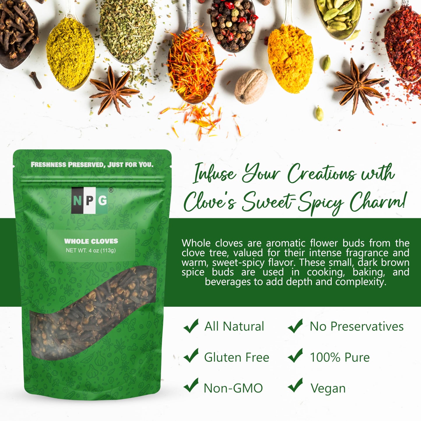 Npg Premium Whole Cloves Buds 4 Ounces, Strong Aroma And Flavor Cloves For Tea, Potpourri, Baking, Pomander Balls, Meats, And Pu