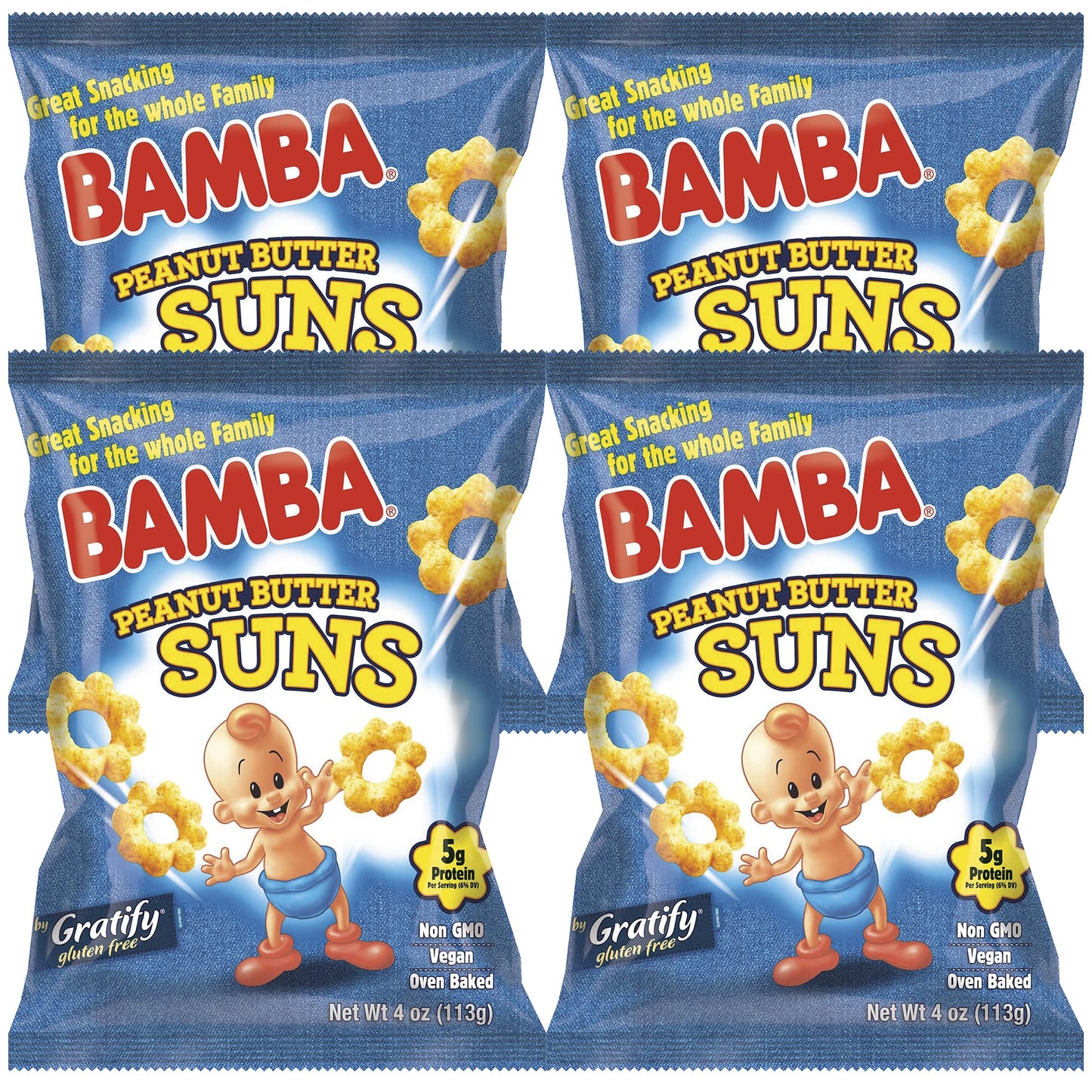 Osem Bamba Peanut Butter Suns Snacks For The Whole Family - All Natural Peanut Butter Corn Puffs Snacks (4 Pack - 4Oz Bags) - Ma