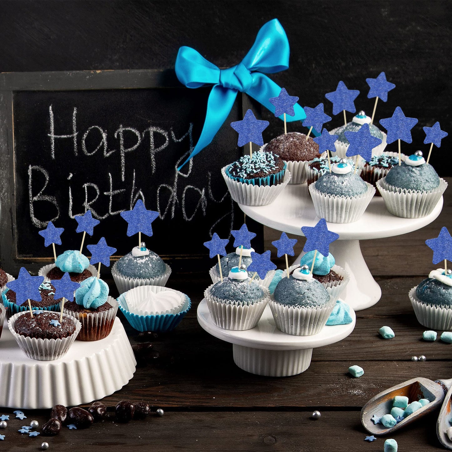 Gyufise 42Pcs Mixed Size Deep Blue Little Star Cupcake Toppers Glitter Twinkle Star Cupcake Picks For Wedding Engagement Bridal
