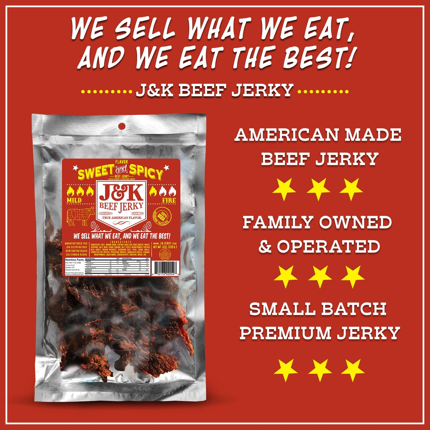 J&K Beef Jerky Sweet and Spicy Beef Jerky - Handcrafted Small Batch - 7oz Bag