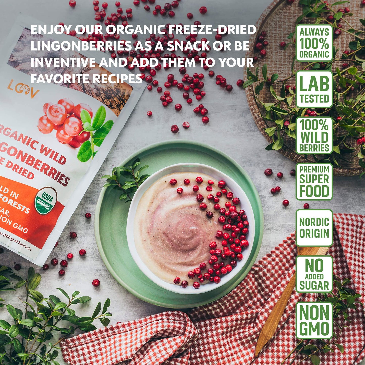 Loov Freeze Dried Organic Wild Lingonberries, No Sugar Added, 100% Dried Whole Fruit Lingonberries, Wild-Crafted From Northern E