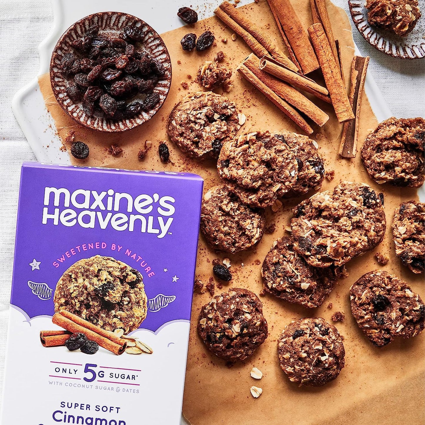 Maxines Heavenly Cinnamon Oatmeal Raisin Cookies | Gluten Free, Made With Oats, Sweetened With Coconut Sugar & Dates | Tasty Low Sugar Vegan Dessert | 7.2 Ounces Each (4 Pack)