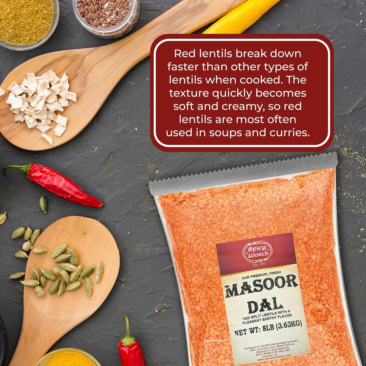 Spicy World Masoor Dal 8 Pound Bag (128oz) - Red Lentils Split - All Natural