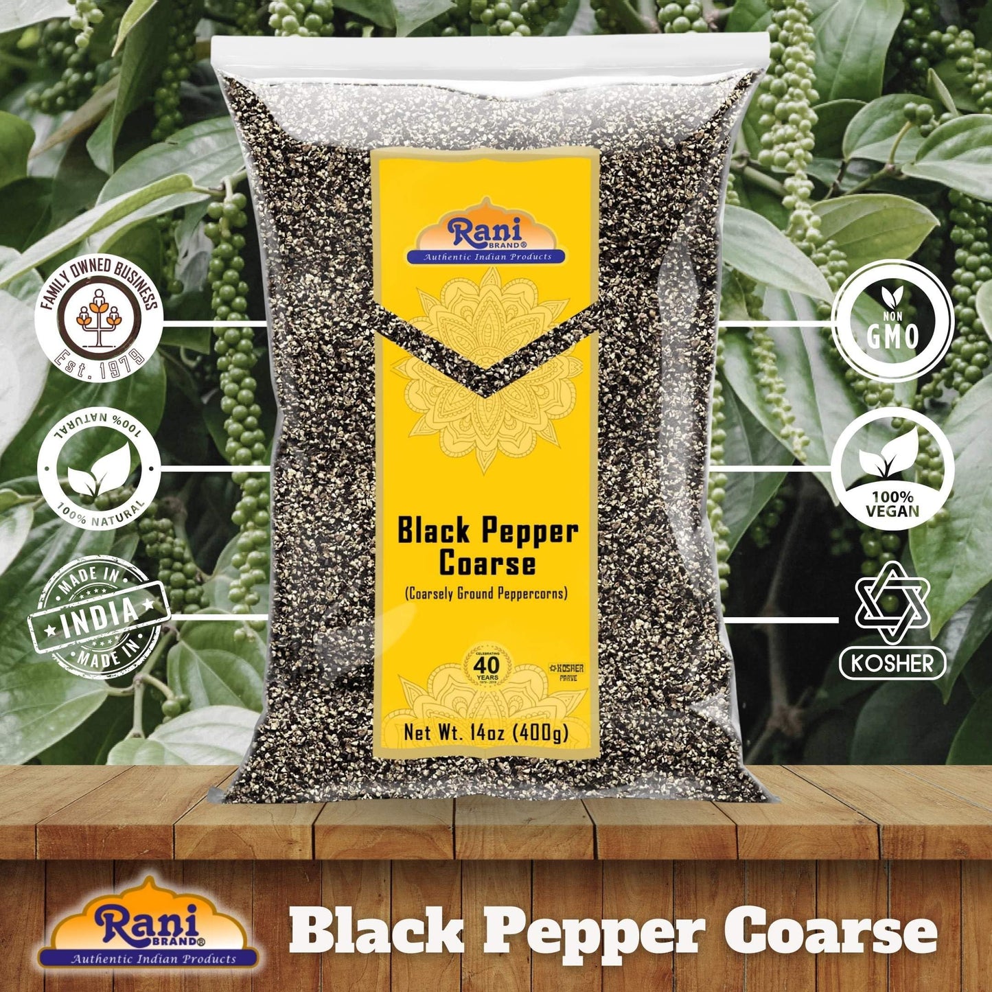 Rani Black Pepper Coarse Ground 28 Mesh (Table Grind) 14Oz (400G) ~ All Natural | Vegan | Gluten Friendly | Non-Gmo | Kosher | P