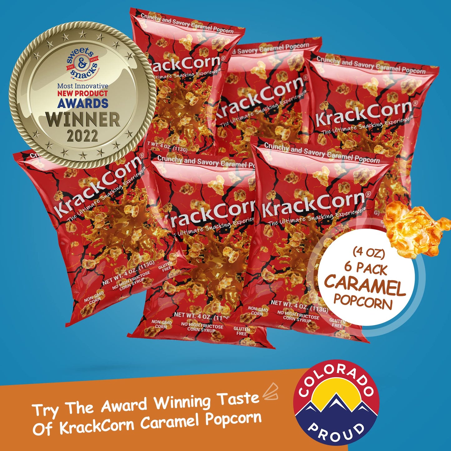 KrackCorn Caramel Popcorn - Gluten-Free, Non-GMO Snack - 4 Ounce (Pack of 6) - Sweet and Salty Treat for Parties and Movie Nights