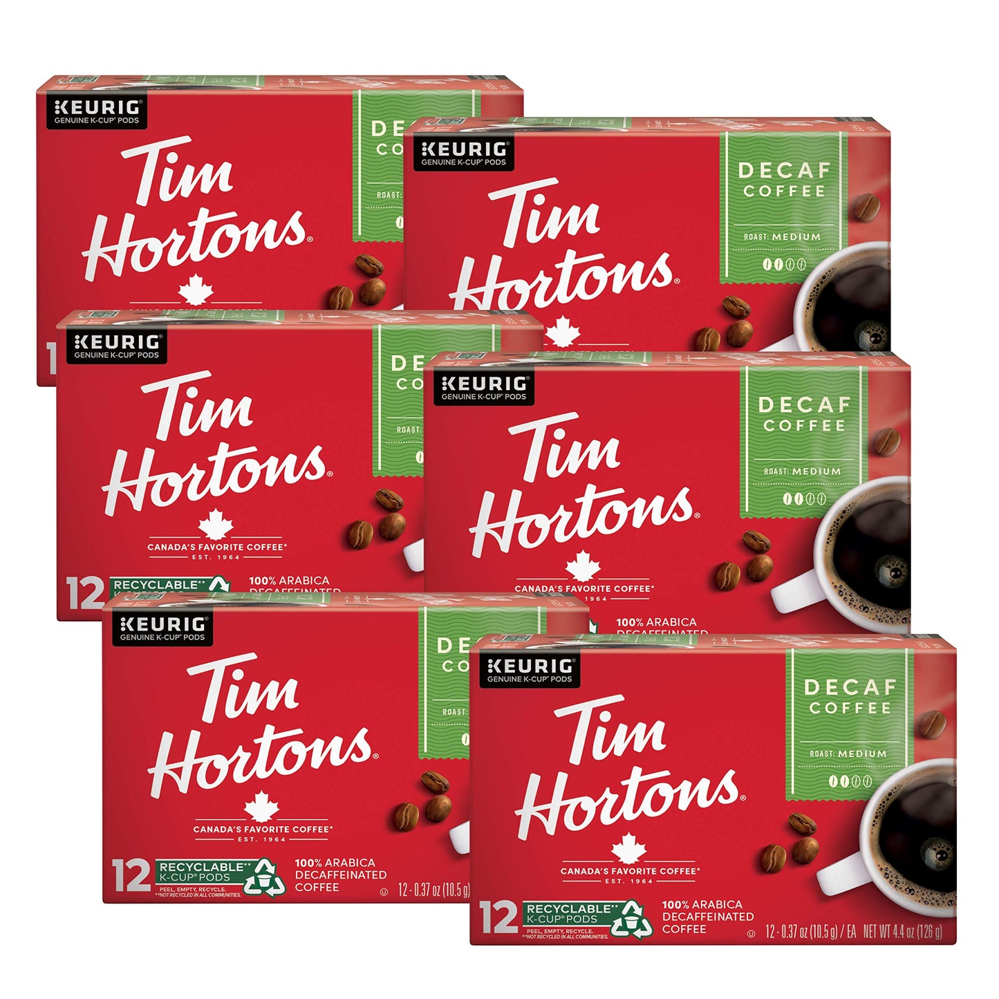 Tim Hortons Decaf Medium Roast Coffee K-Cup Pods 12 Count Pack of 6 Red