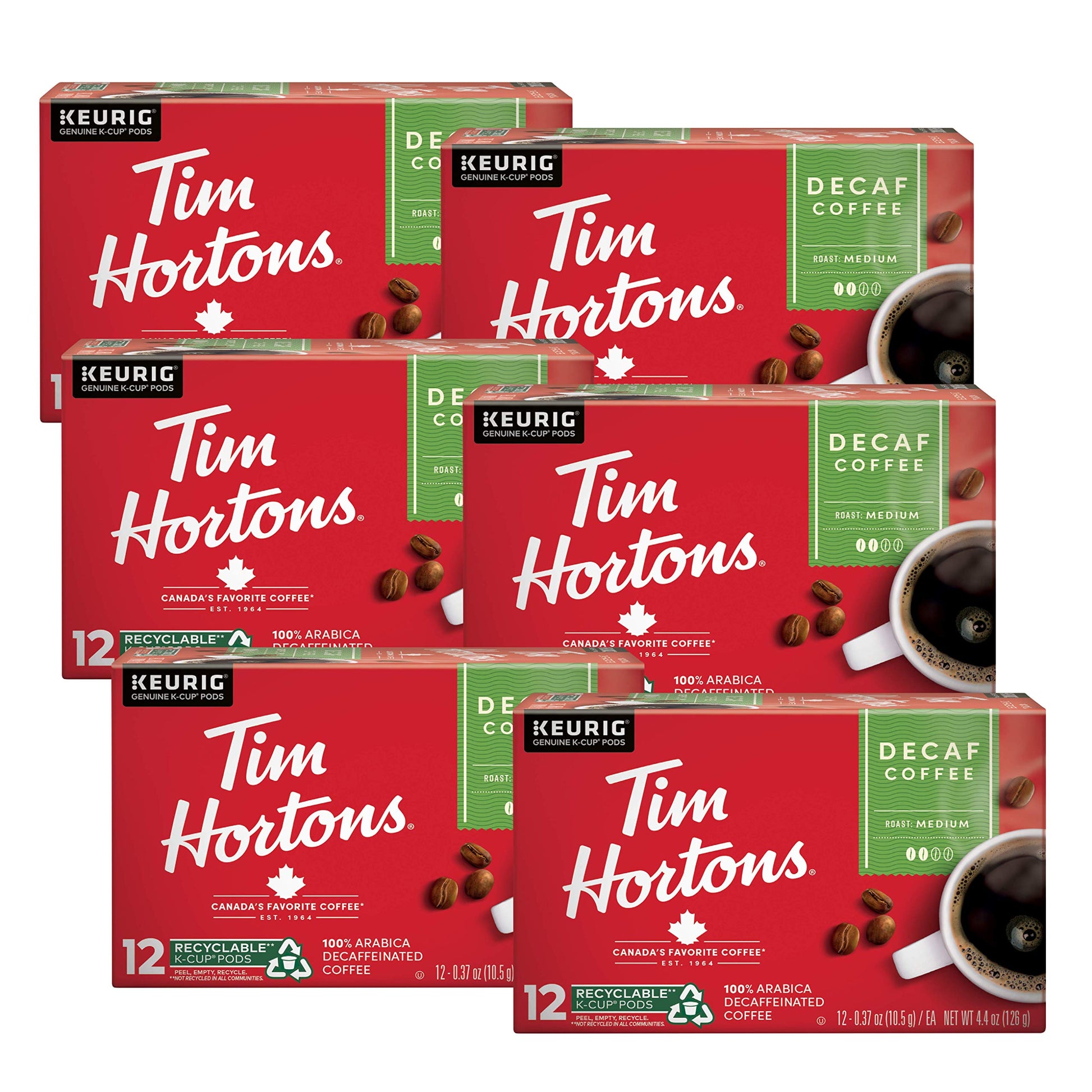 Tim Hortons Decaf Medium Roast Coffee K-Cup Pods 12 Count Pack of 6 Red