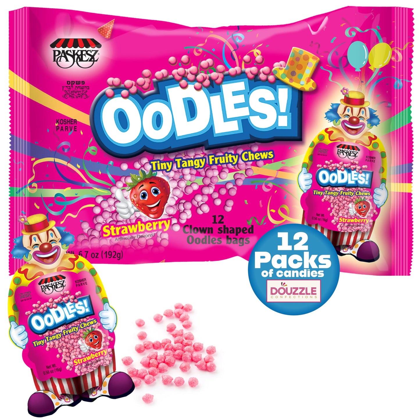 DOUzzle Oodles Clown Shaped, Strawberry Tiny Tangy Chews (12 Count, Pack of 1) Individually Wrapped Candies, Birthday Party Favo