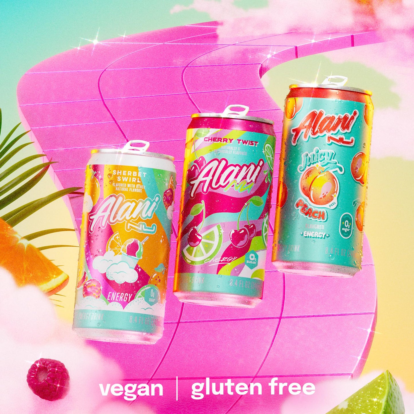 Alani Nu RETRO VARIETY PACK (Sherbet Swirl  Juicy Peach and Cherry Twist)  Low Calorie Energy Drinks  100mg Caffeine  Biotin  B Vitamins  Zero Sugar  10 Calories or Less  8 Fl Oz Cans  12 Pack