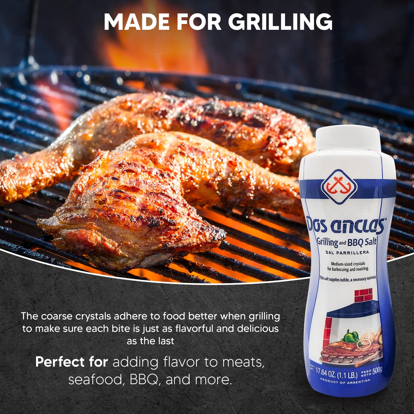 Dos Anclas Sal Parrillera, Rock Salt for Grilling and BBQ, Refined Medium Grain Salt for Meat and Seafood, Multi-Purpose Seasoni