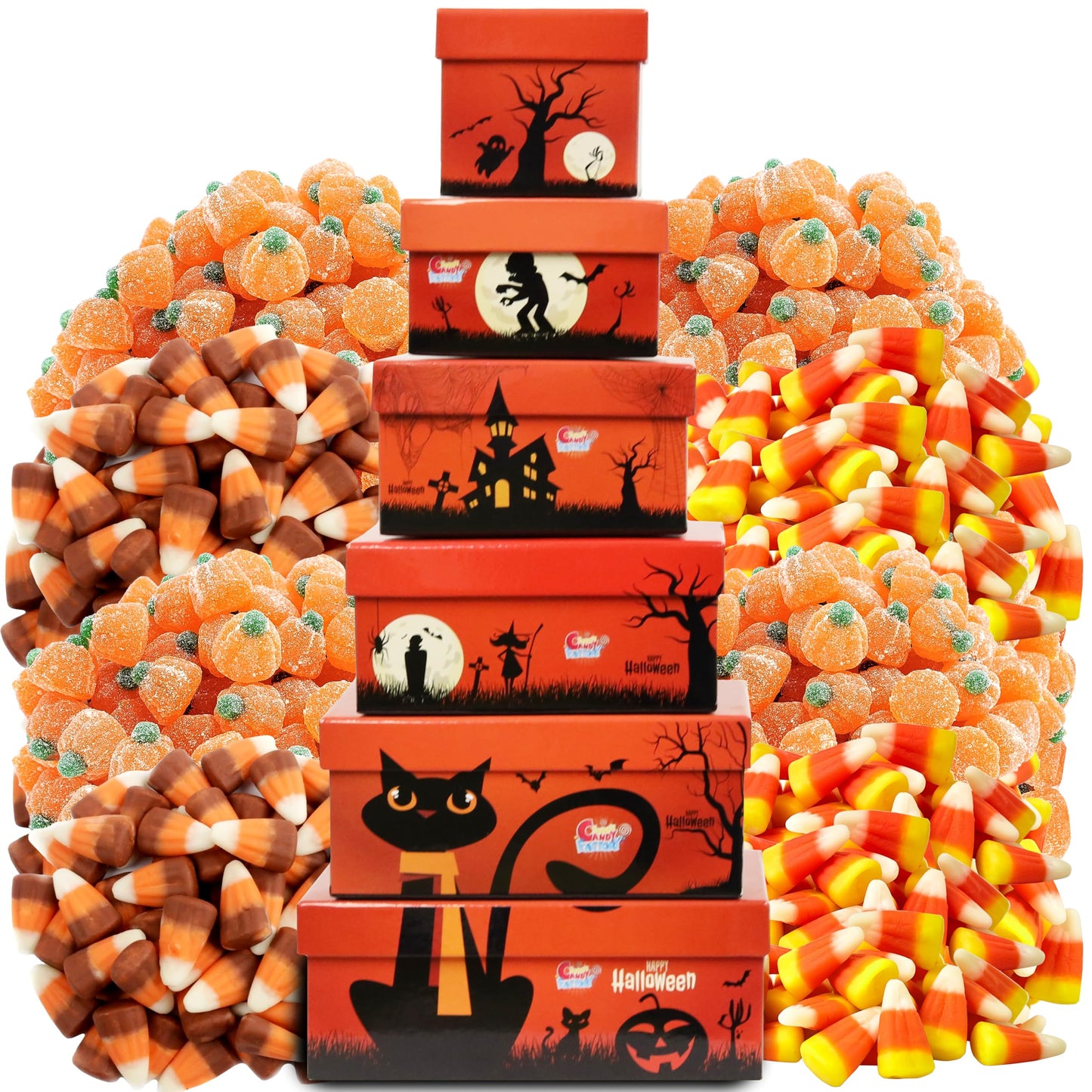 Sarah'S Candy Factory Halloween Theme Tower Box, Candy Corn, Autumn Mix, Indian Candy Corn, Jelly Pumpkin, All Single Serve Pack