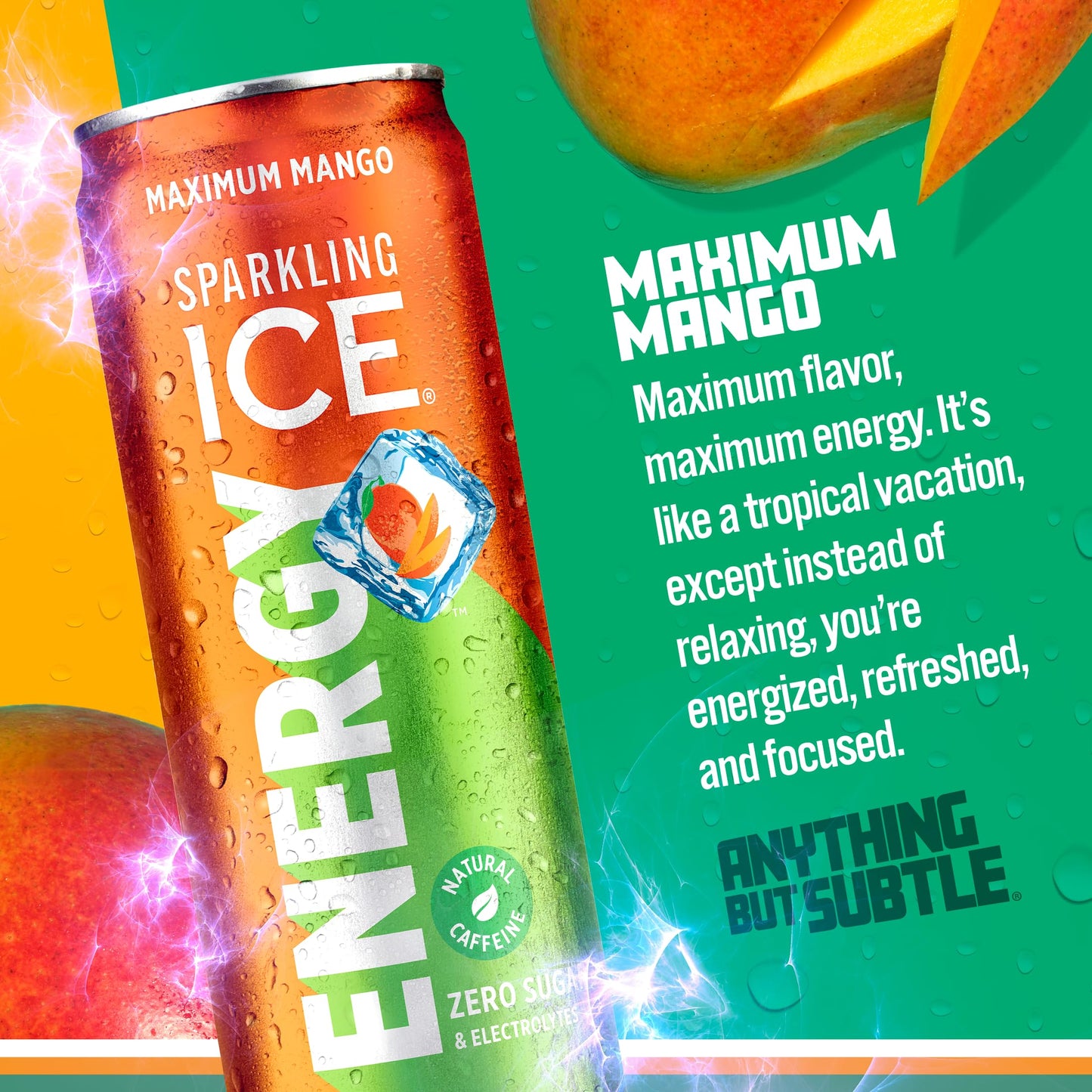 Sparkling Ice Energy Drinks, Maximum Mango, Zero Sugar, 12 Fl Oz Cans, Pack of 12