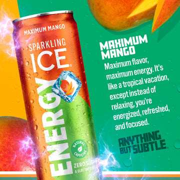 Sparkling Ice Energy Drinks, Maximum Mango, Zero Sugar, 12 Fl Oz Cans, Pack of 12