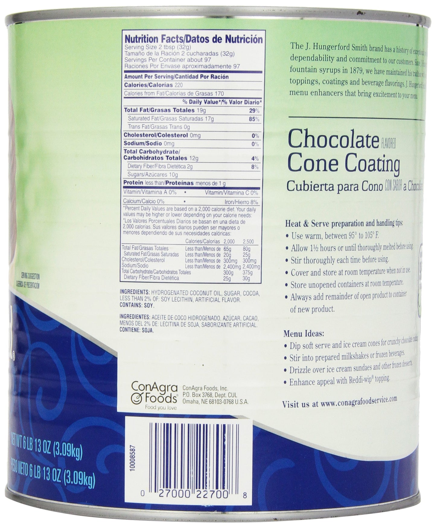 J. Hungerford Smith Cone Coating, Chocolate, 6.81 lb Tin - Ideal for Baking and Decorating