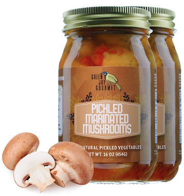 Green Jay Gourmet Marinated Mushrooms in a Jar - Fresh Hand Jarred Vegetables for Cooking & Pantry - Home Grown Pre-Prepared Pic