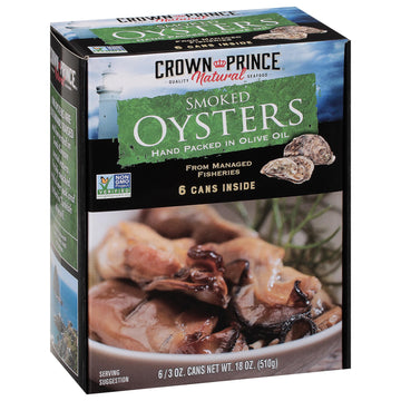 Crown Prince Smoked Oysters in Olive Oil, 3 Ounce Cans, Pack of 6