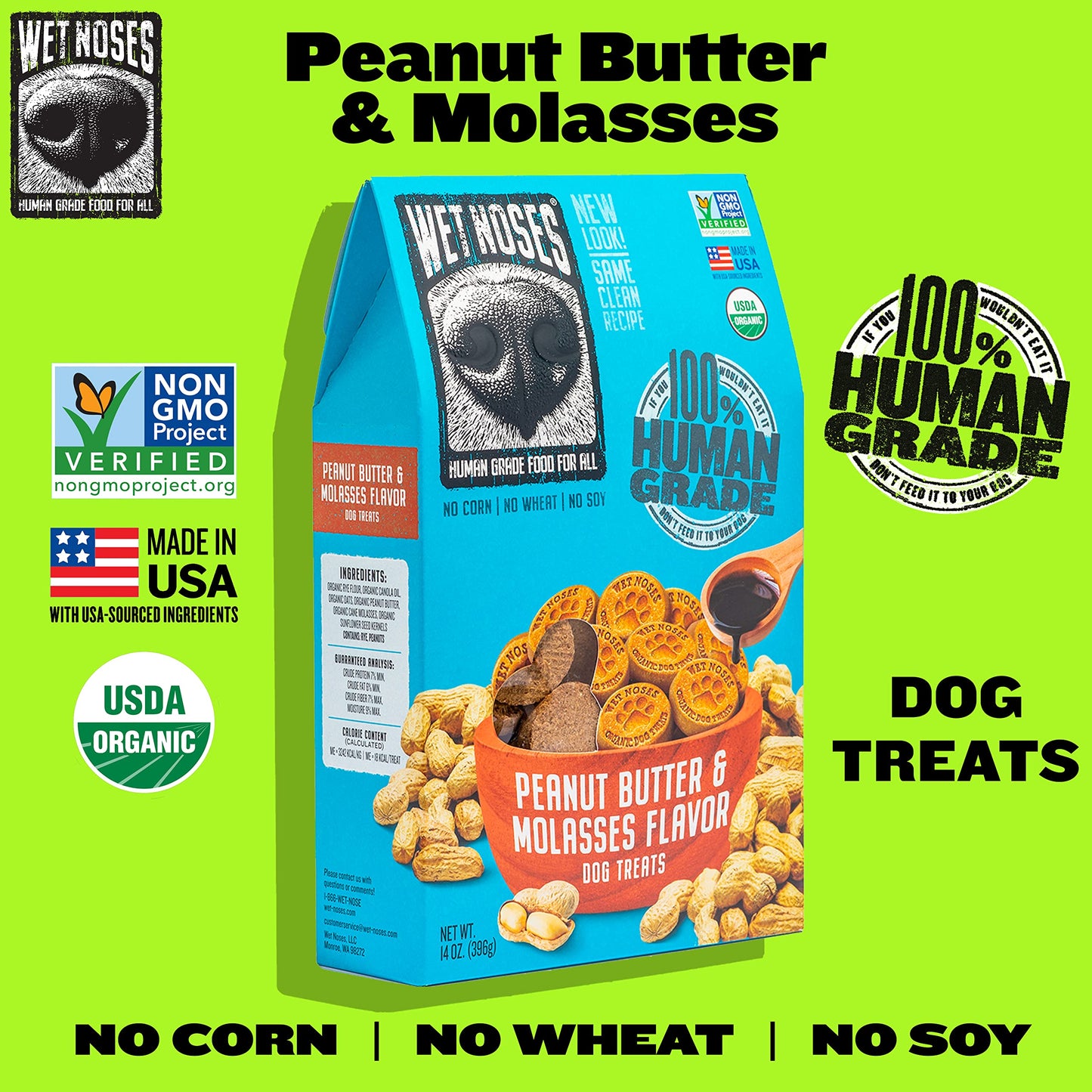 Wet Noses All Natural Dog Treats, Made in USA, 100% USDA Certified Organic, Non-GMO Project Verified, Peanut Butter, 14 oz box