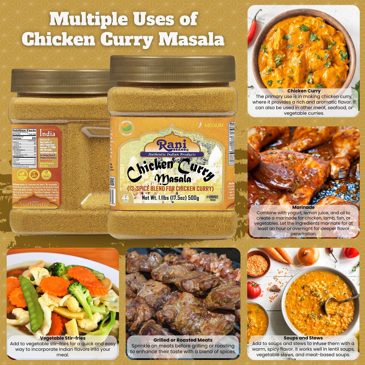 Rani Chicken Curry Masala Indian 13-Spice Blend 17.5Oz (1.1Lbs) 500G Pet Jar ~ All Natural | Vegan | No Colors | Gluten Friendly
