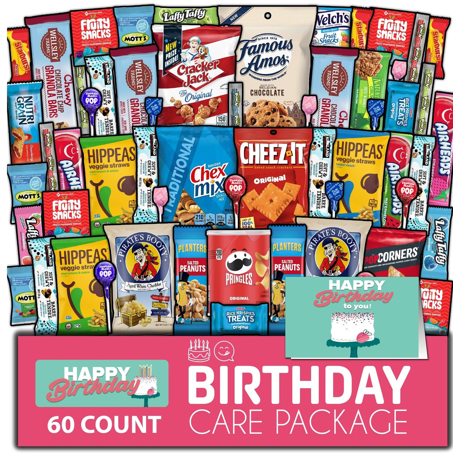 Gift A Snack - Happy Birthday Snack Box Variety Pack Care Package + Greeting Card (60 Count) Bday Sweet Treats Gift Basket, Cand