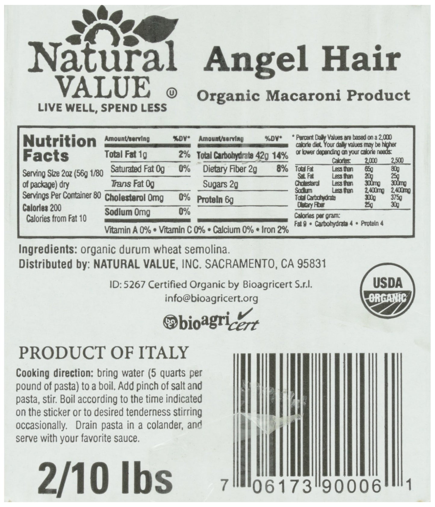 Natural Value Organic Angel Hair, Durum Wheat Semolina Pasta, 10 Pound