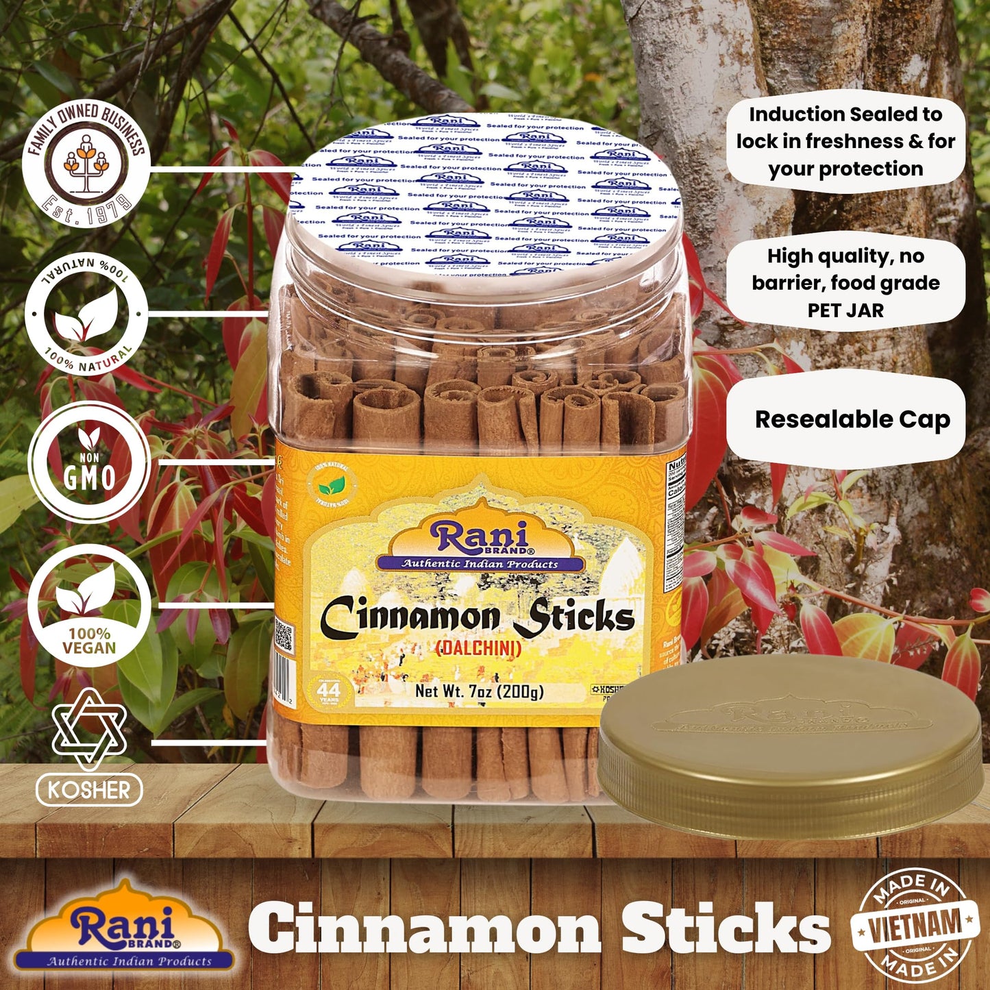 Rani Cinnamon Sticks - Strong Aroma, 7oz (200g) PET Jar, 36-44 Sticks, 3+ Inches Length, Cassia Saigon Cinnamon from Vietnam, Kos