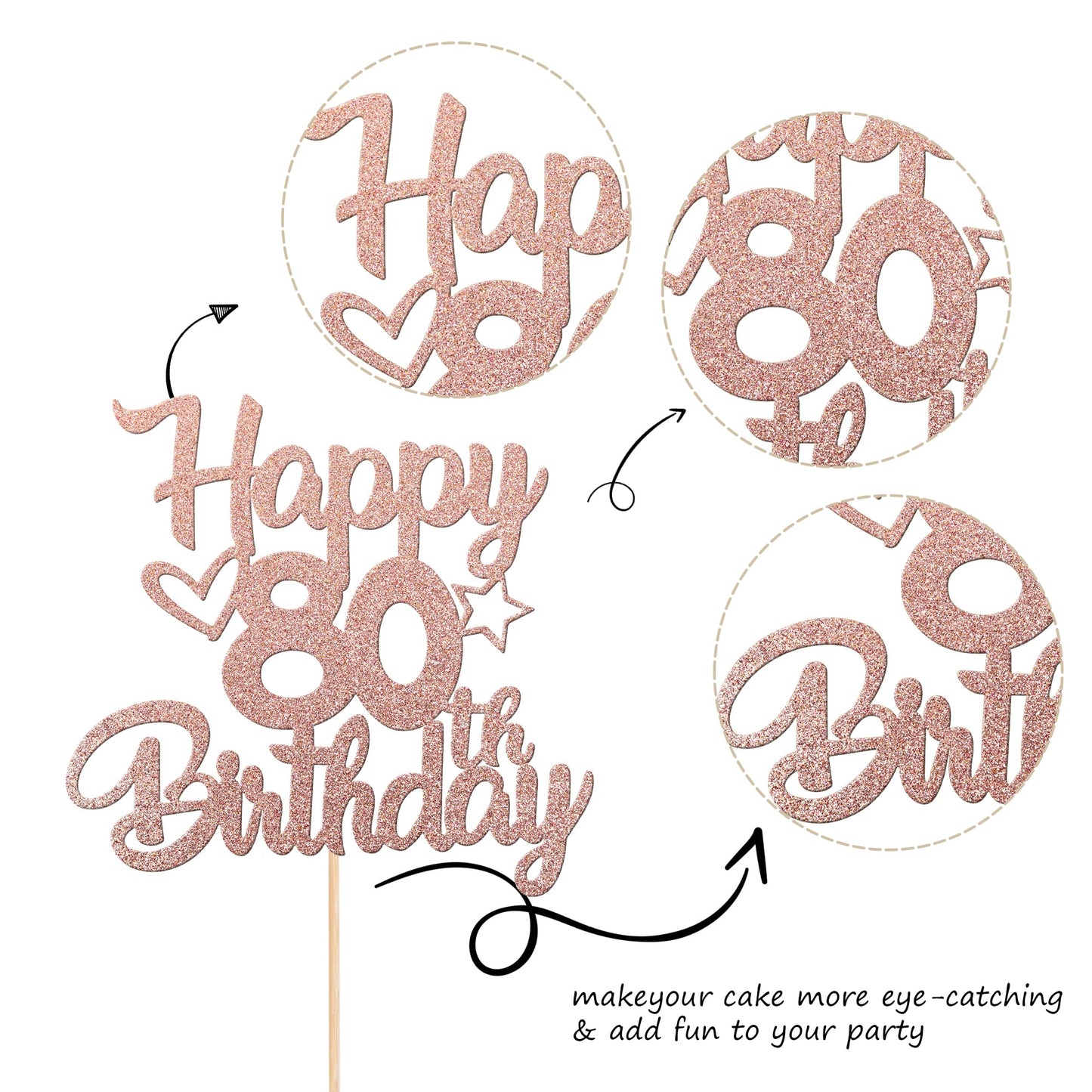 YCTHUNFISH 80th Birthday Cake Topper Glitter Heart Star Rose Gold Bamboo Decoration