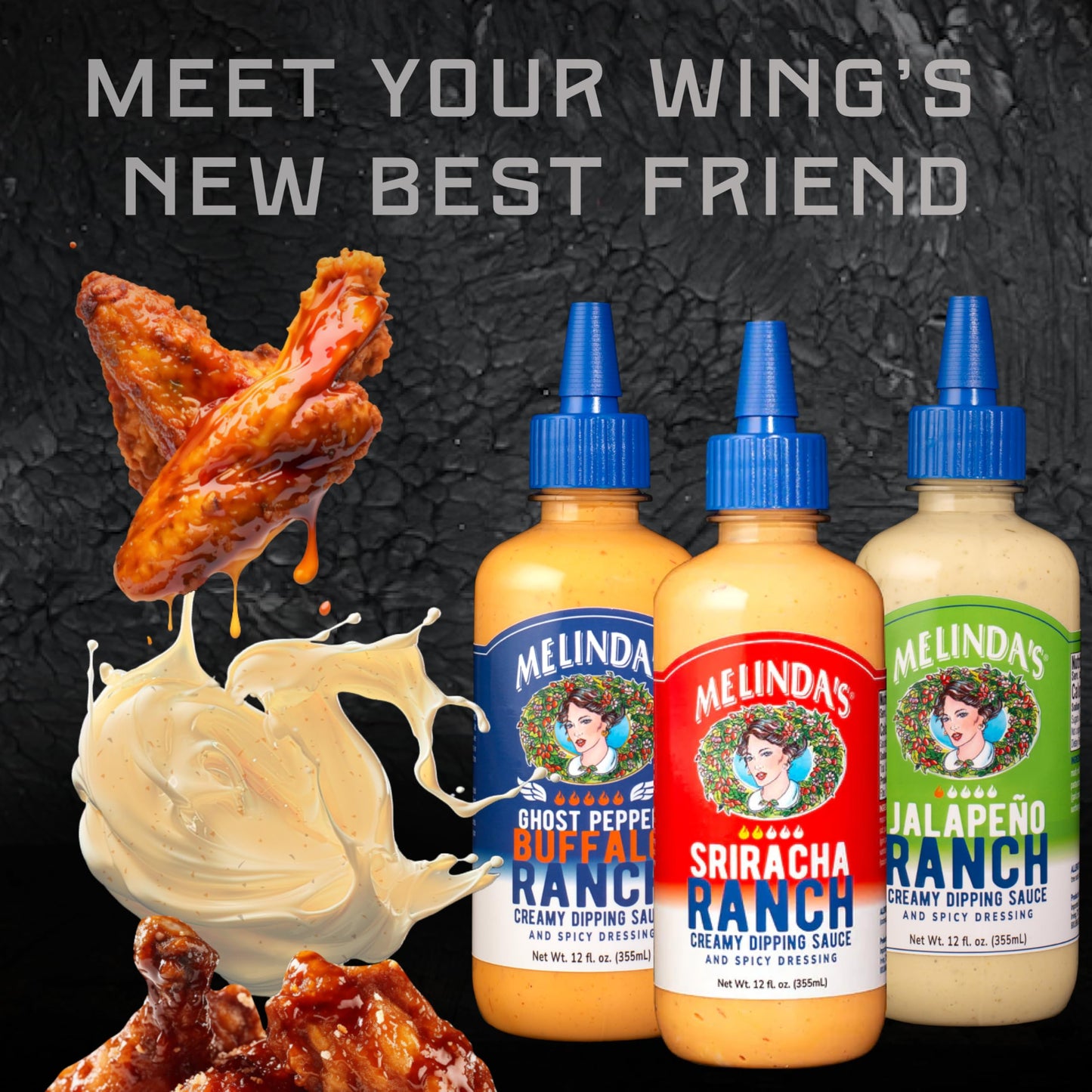 Melindas Spicy Ranch Collection - Variety Gourmet Sauce Gift Set with Creamy Sriracha, Ghost Pepper Buffalo & Jalapeno Ranch Dip