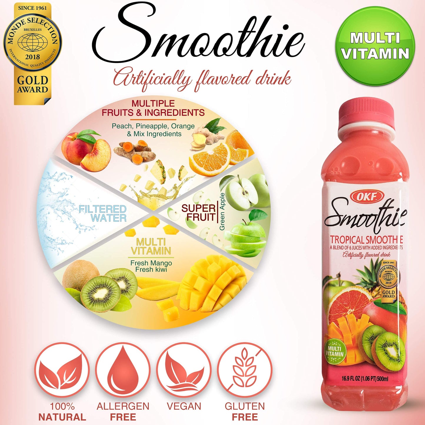 OKF Smoothie Multi Vitamin Drink, Tropical Flavor, 16.9 Fl Oz, Pack of 10