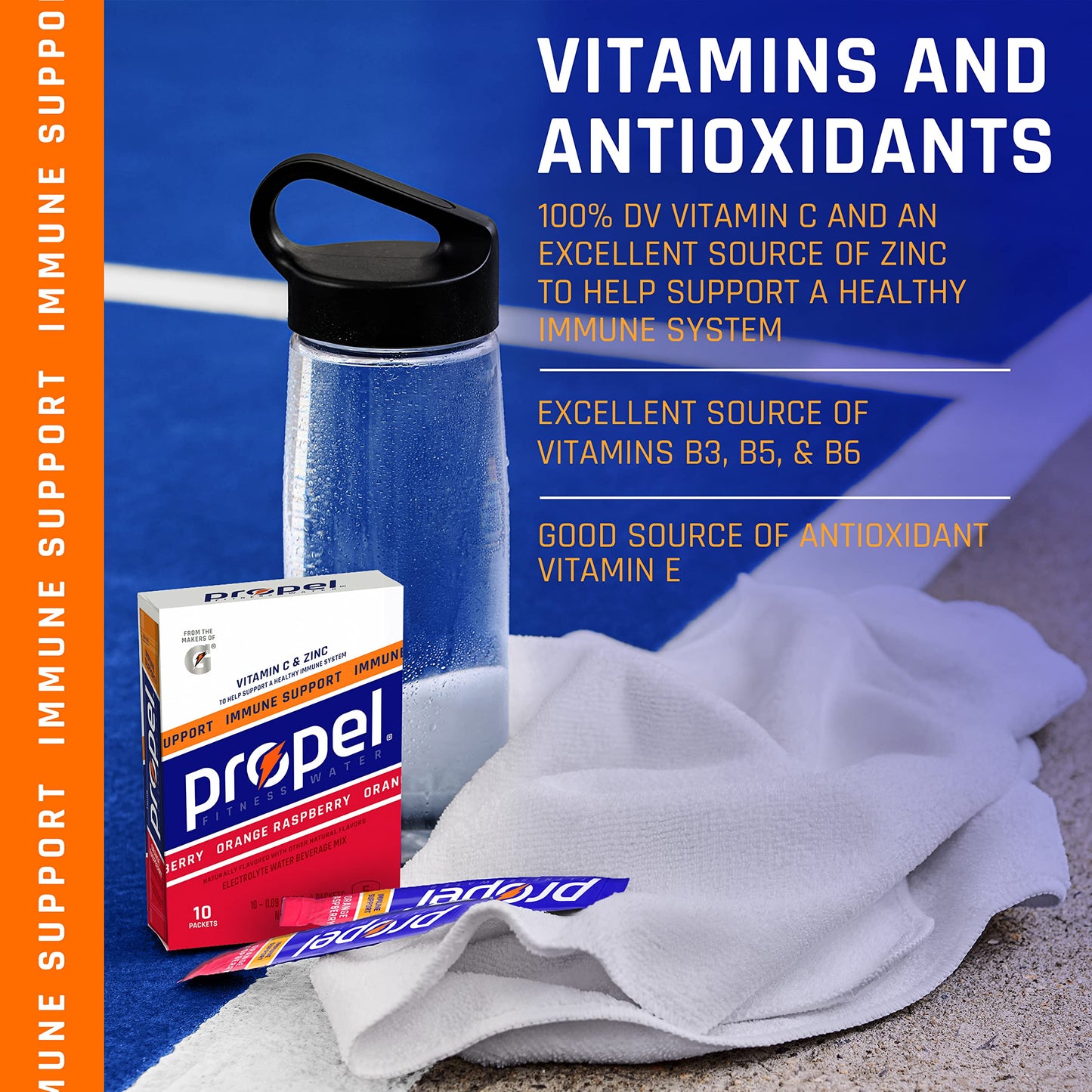 Propel Immune Support Powder Packets with Vitamin C & Zinc, Lemon Blackberry Flavor, 2.5g Each, 120 Count (Pack of 12)