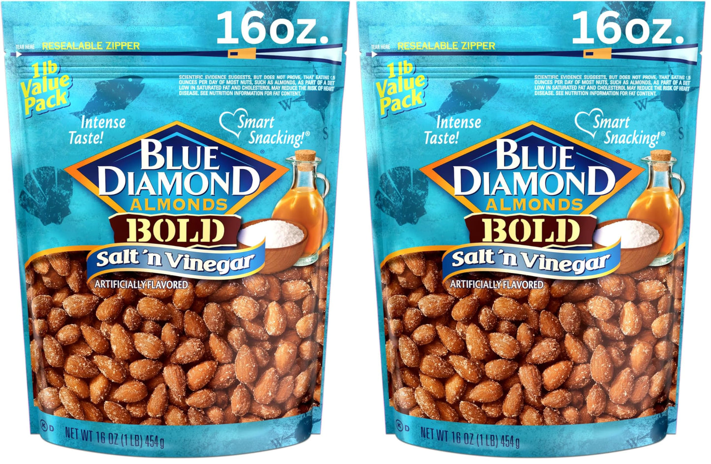 Blue Diamond Almonds Salt N Vinegar Flavored Snack Nuts, 16 Oz Resealable Bag (Pack of 2)