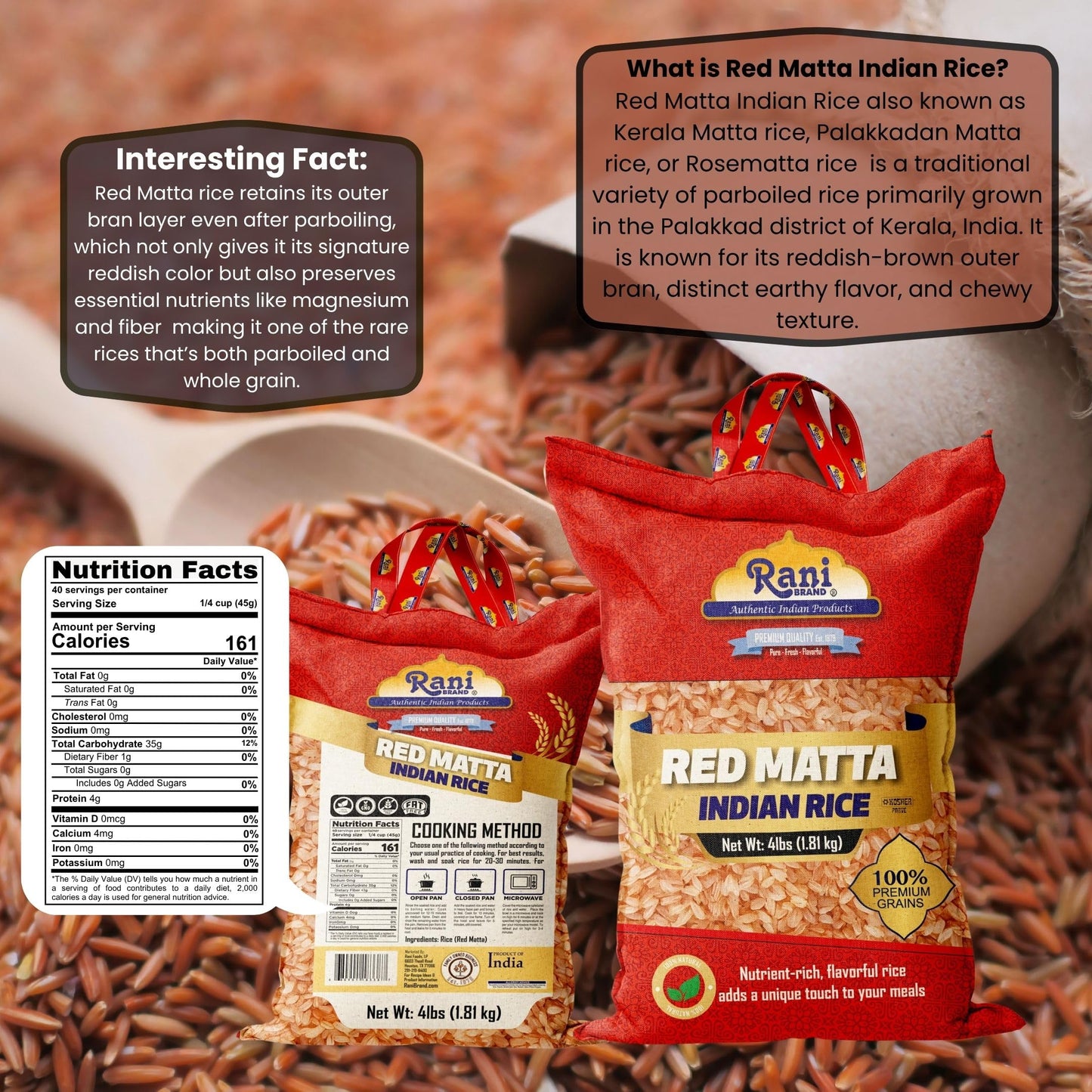 Rani Red Matta Indian Rice 64oz (4lbs) 1.81kg Cloth Bag ~ All Natural | Gluten Friendly | Vegan | Kosher | Export Quality | Indi