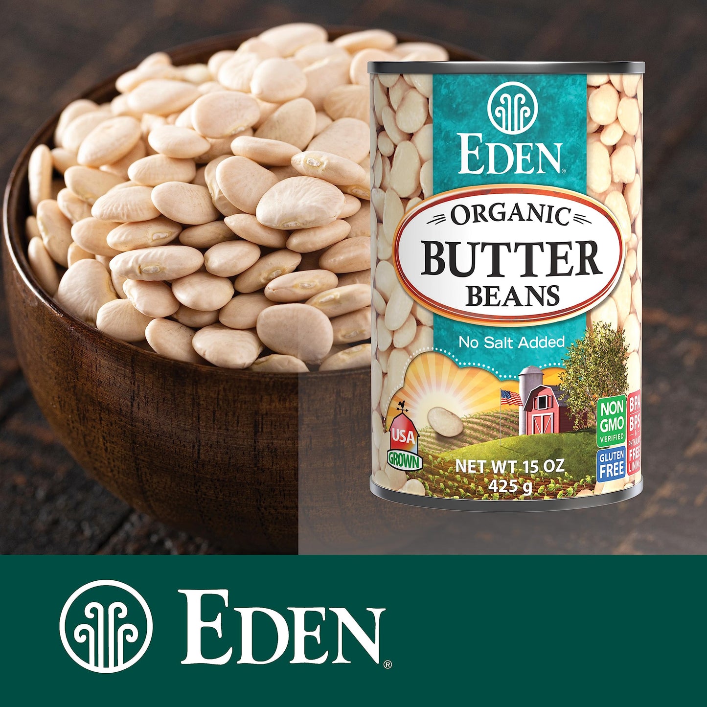 Eden Organic Butter Beans, (Baby Lima Beans), No Salt Added, USA Grown, Non GMO, 15 oz (12-Pack)