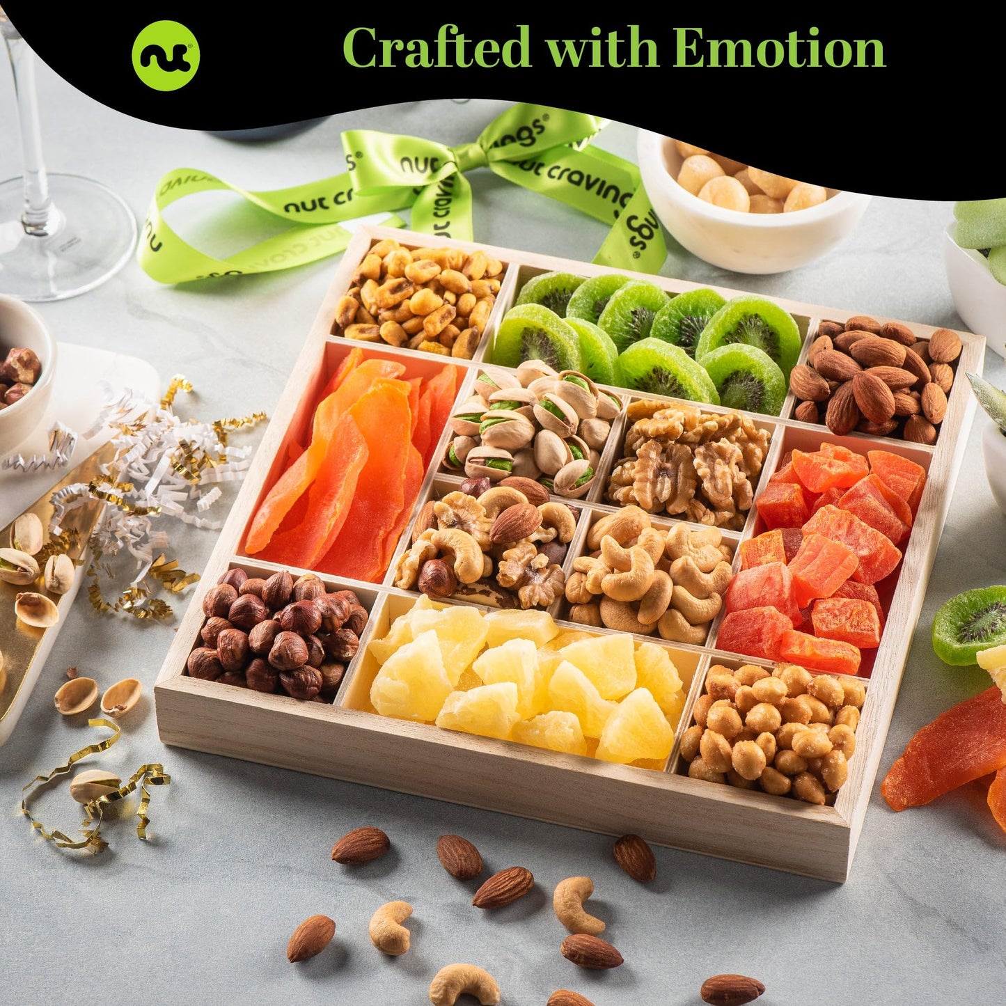 NUT CRAVINGS - Holiday Xmas Christmas Dried Fruit & Mixed Nuts Gift Basket in Reusable Wooden Tray + Ribbon (12 Assortments) Food Arrangement  Healthy Snack Care Package
