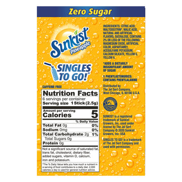 SINGLES TO GO! Sunkist Singles-To-Go Drink Mix, Pineapple, Low-Calorie, Zero Sugar, 6 CT (Pack of 6), 1 Ounce