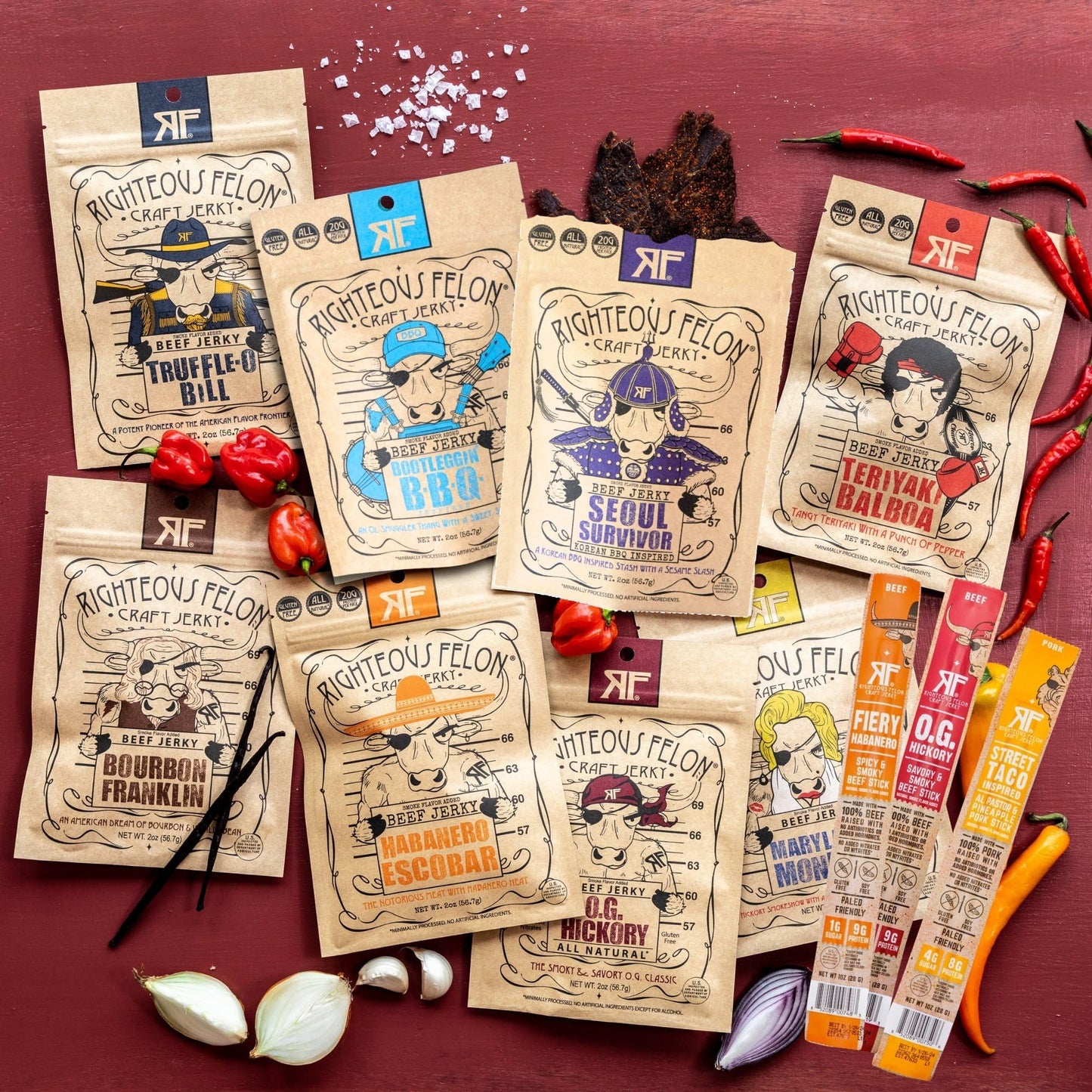 Righteous Felon Beef Jerky Variety Pack - Gluten Free, High Protein, Low Sugar, 14 Piece Set