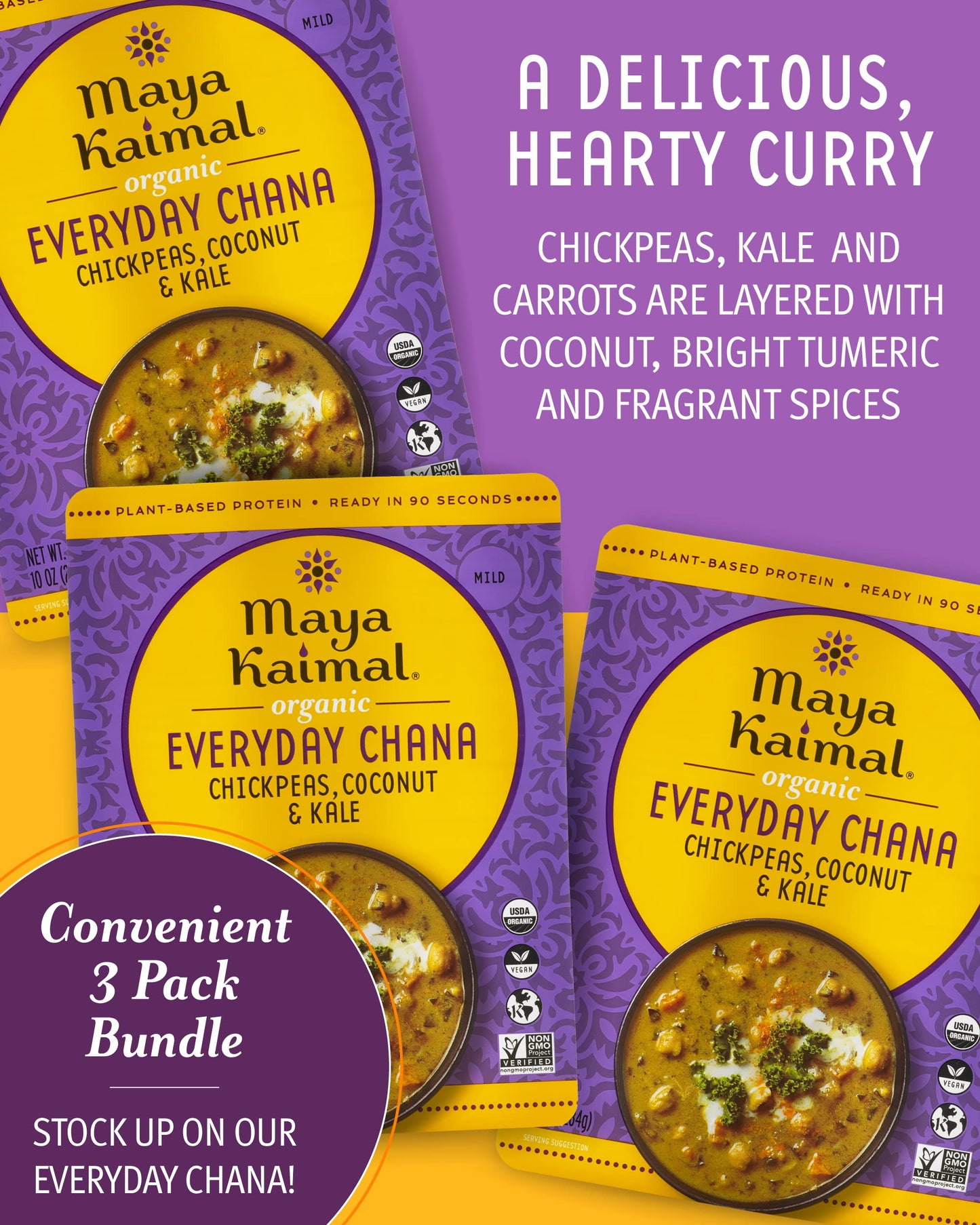 Maya Kaimal Organic Indian Everyday Chana - Fully Cooked - Vegan - Microwavable - Ready To Eat Meals (10 Ounce (Pack Of 3), Chickpeas, Coconut & Kale)