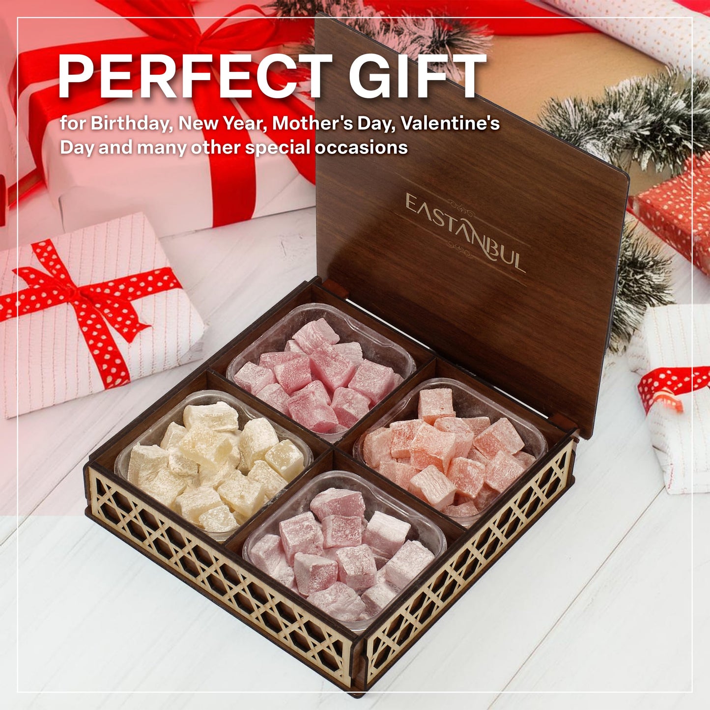 Eastanbul Turkish Delight 35.3oz - Assorted Lokum Candy in Wooden Gift Box, Gluten Free, Vegan, International Treats, Dulces de Narnia