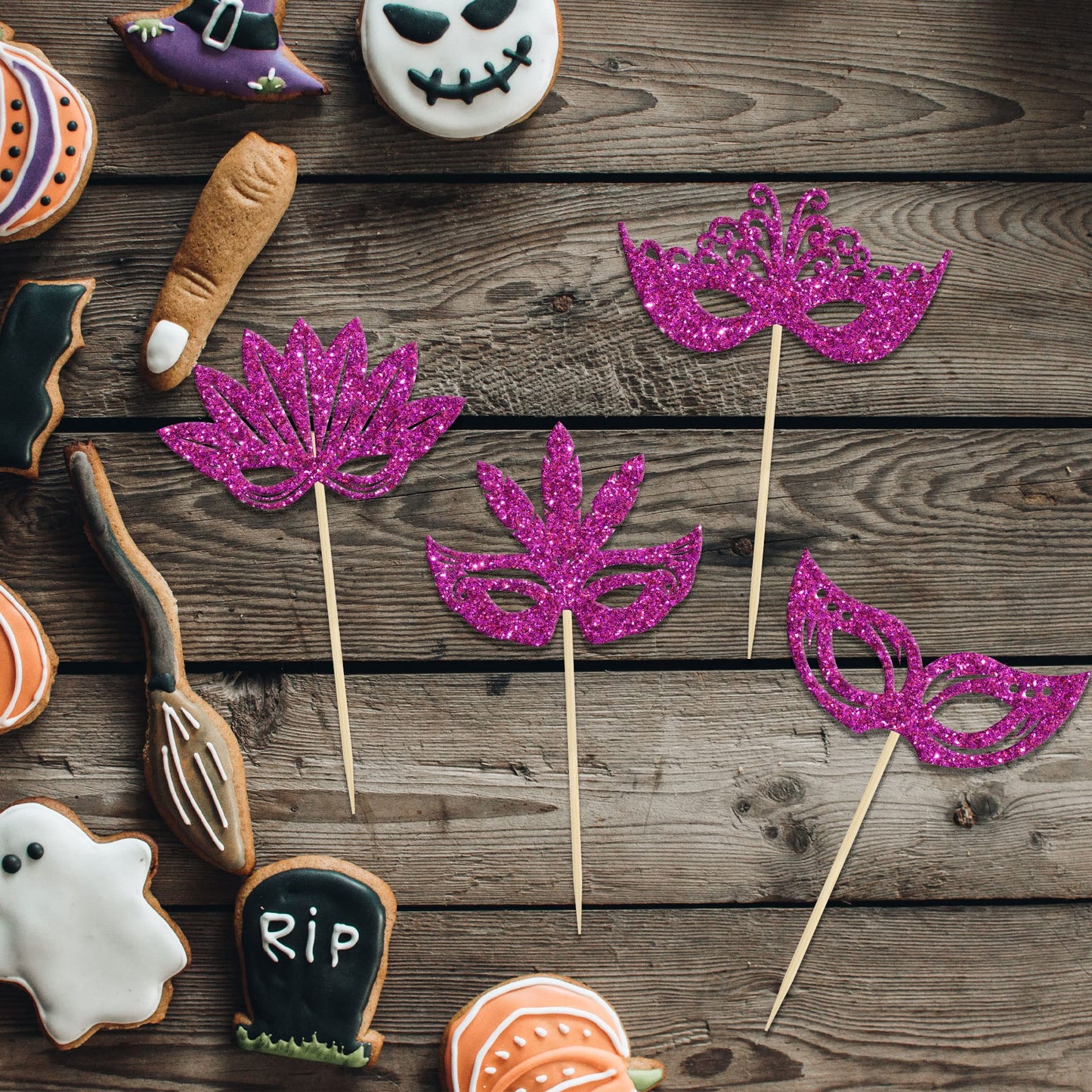 24Pcs Masquerade Masks Cupcake Toppers Glitter Bachelorette Party Mask Cupcake Food Fruit Picks Masquerade Mardi Gras Party Baby