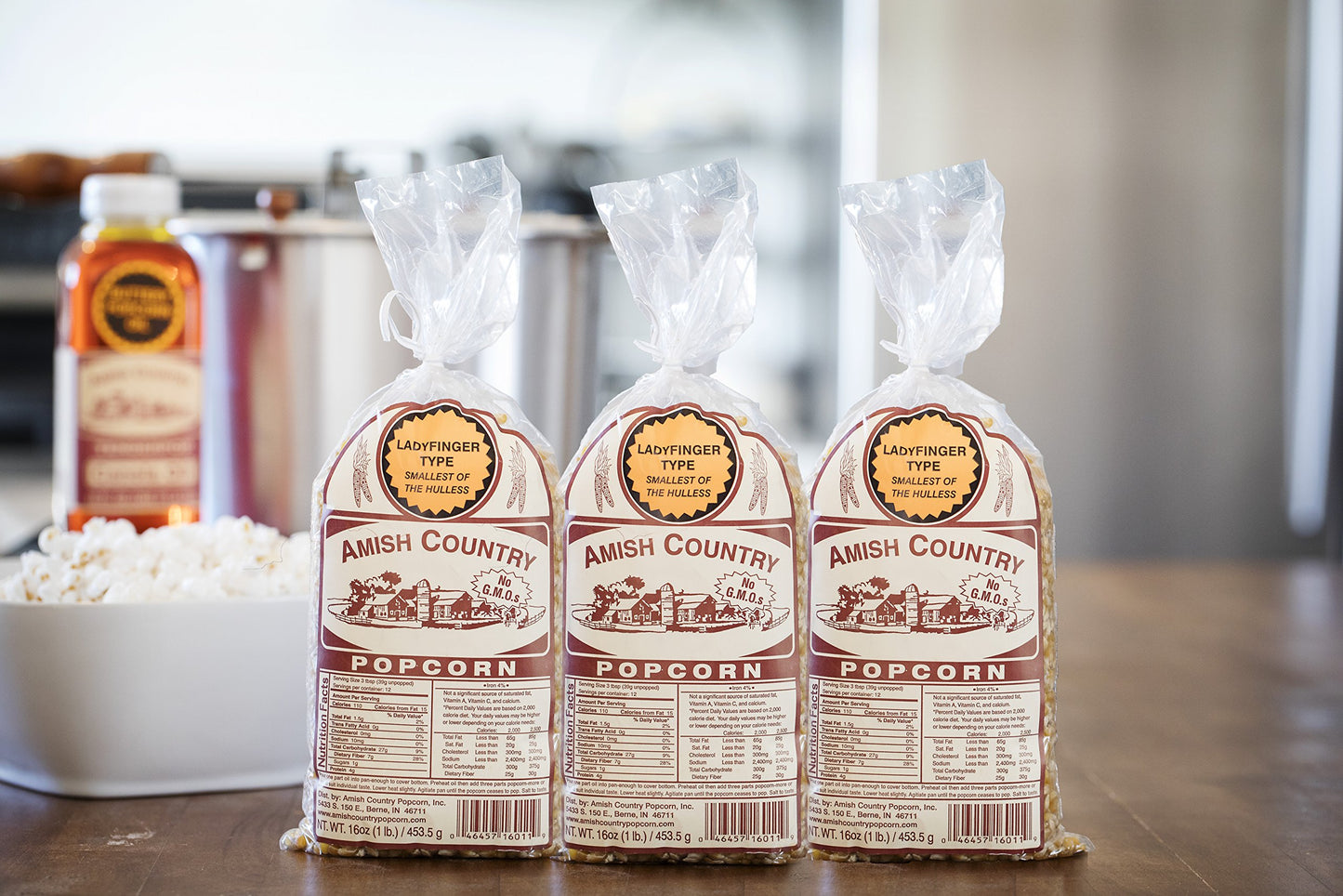 Amish Country Popcorn | 3-1 Lb Bags | Ladyfinger Popcorn Kernels | Old Fashioned, Non-Gmo And Gluten Free