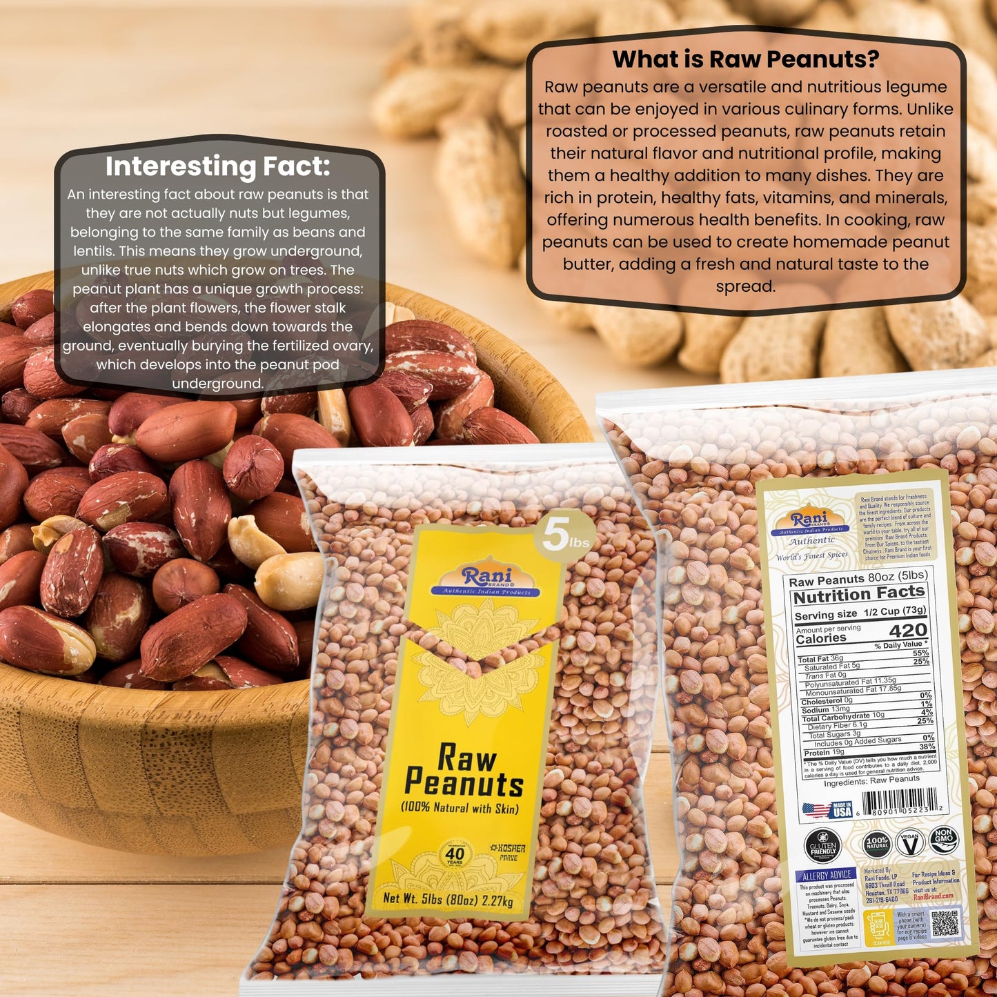 Rani Peanuts, Raw Whole With Skin (uncooked, unsalted) 80oz (5lbs) 2.27kg Bulk ~ All Natural | Vegan | Kosher | Gluten Friendly