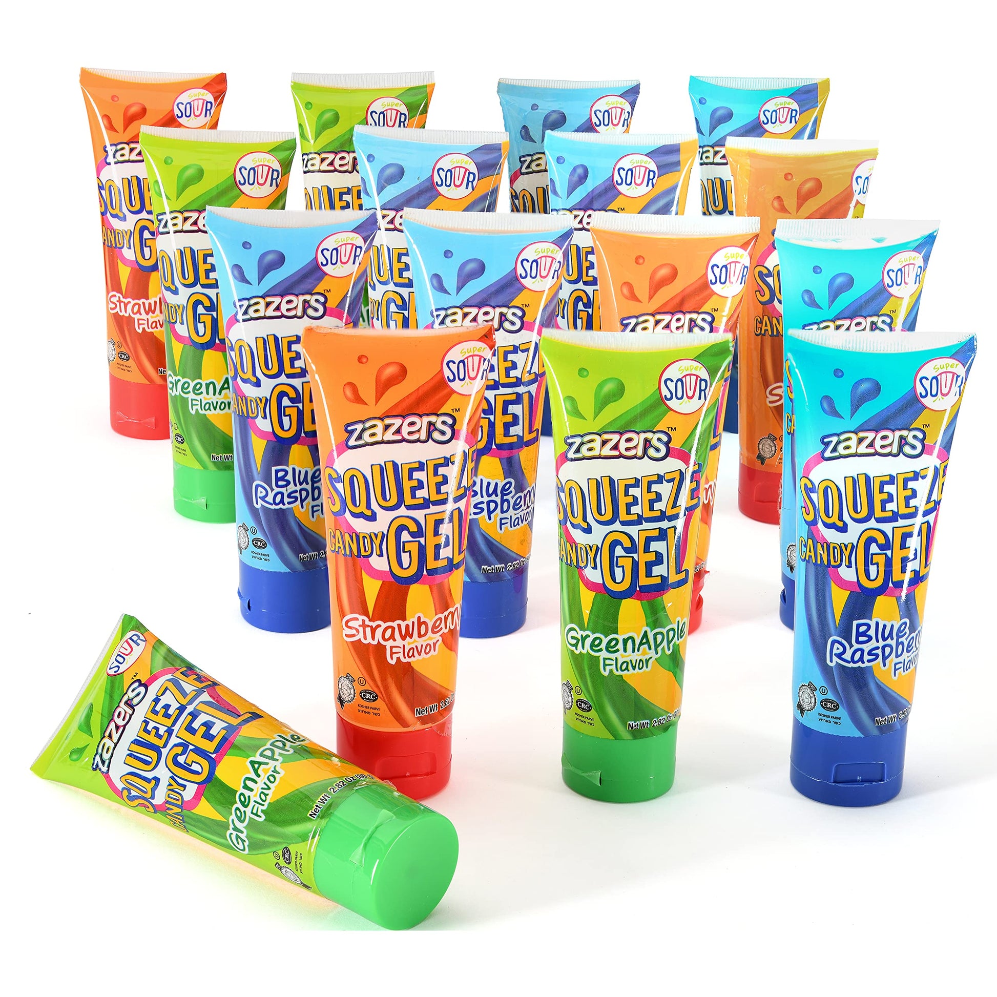 slime Sour Lickers Squeeze Gel Candy - 16 Pack Display Assorted Flavors, 8 Blue Raspberry 4 Green Apple and 4 Strawberry, Great 