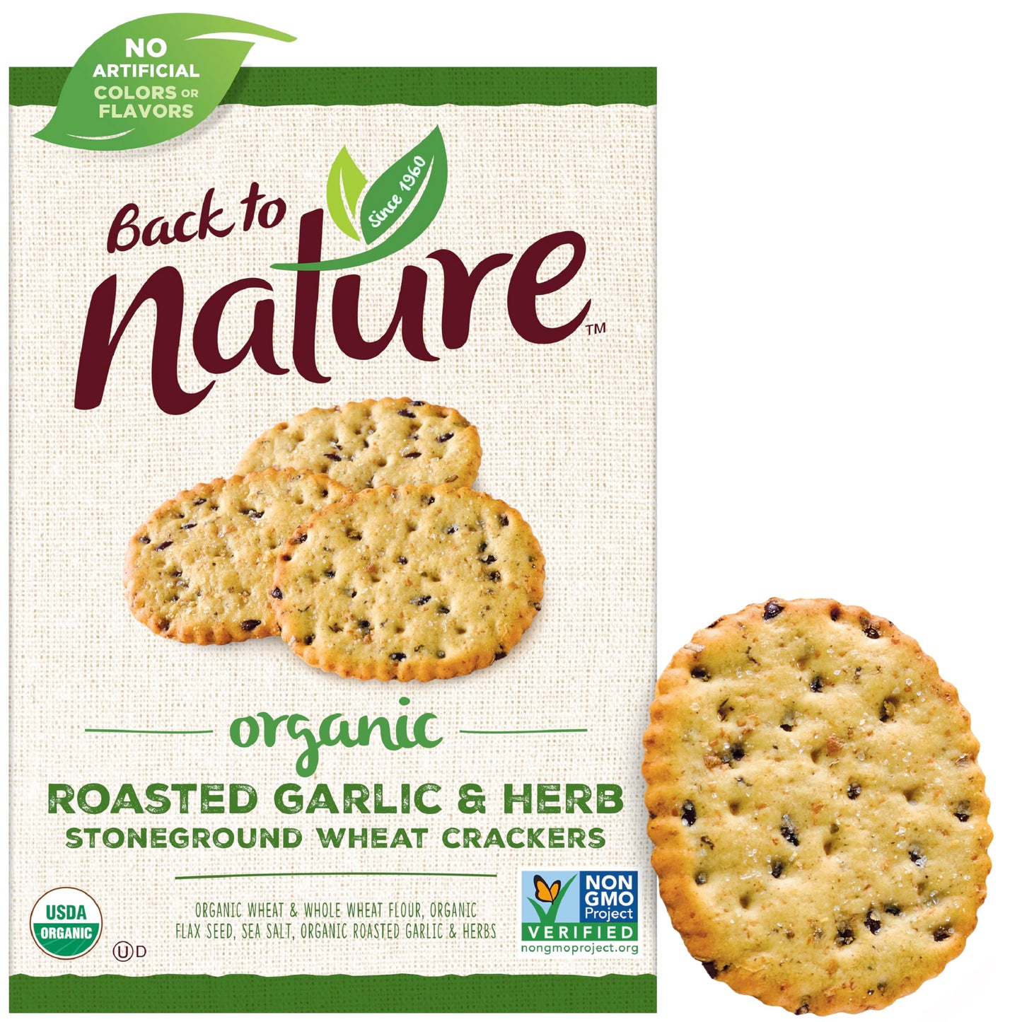 Back To Nature Organic Stoneground Wheat Crackers, Roasted Garlic & Herb - Dairy Free, Non-Gmo, Made With Whole Grains & Flax Se
