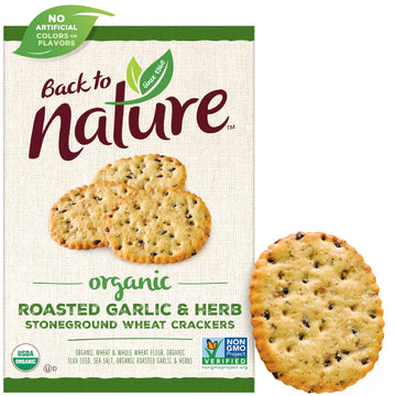 Back To Nature Organic Stoneground Wheat Crackers, Roasted Garlic & Herb - Dairy Free, Non-Gmo, Made With Whole Grains & Flax Se