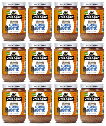 Once Again Natural Creamy Almond Butter, 16Oz - American Classic, No Stir - Salt Free, Unsweetened - Gluten Free Certified, Peanut Free, Vegan, Kosher, Paleo - Glass Jar (12 Pack)