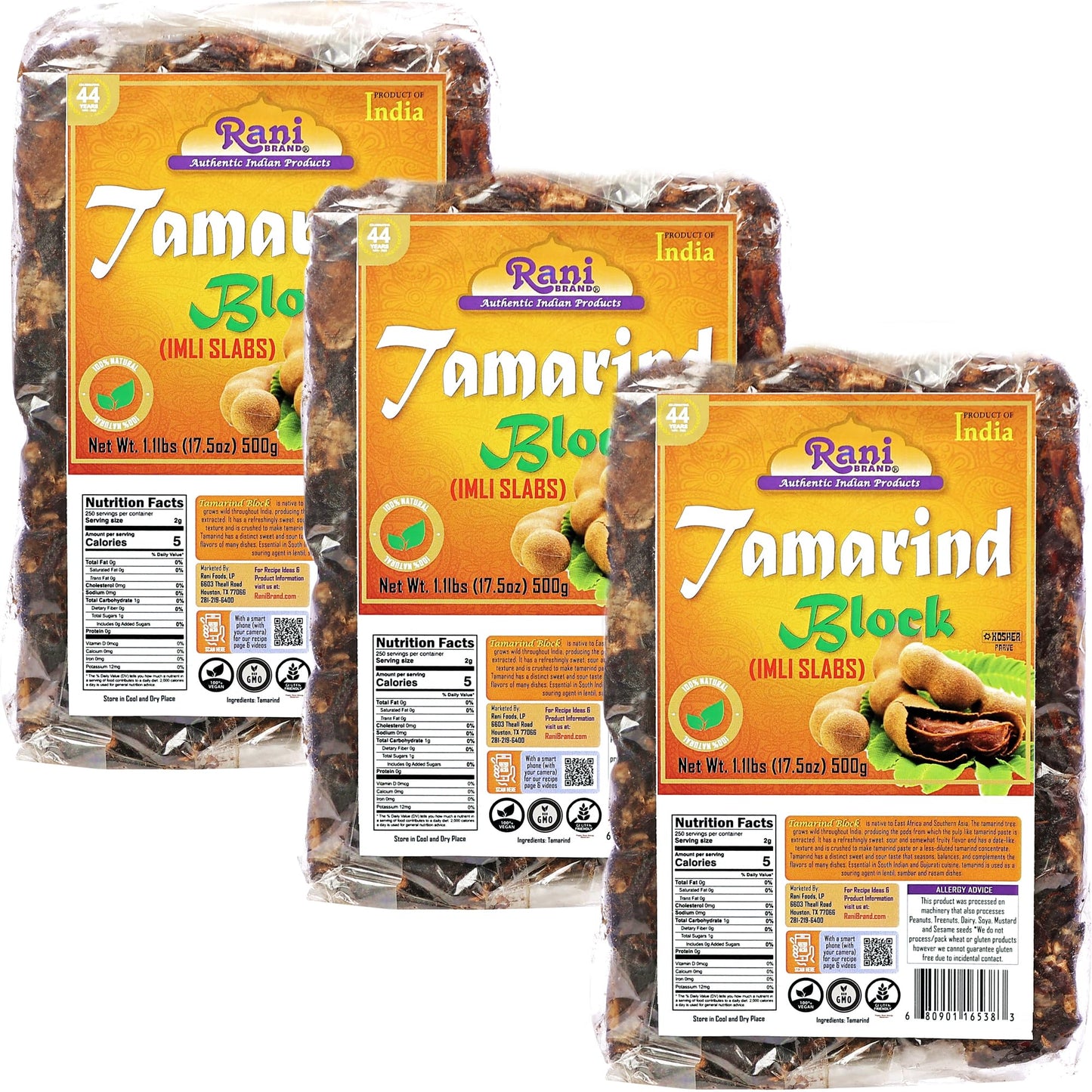 Rani Tamarind Block (Imli Slab) 17.5Oz (1.1Lbs) 500G, Pack Of 3 ~ All Natural | No Added Sugar | Vegan | Gluten Friendly | Non-Gmo | Kosher | Indian Origin